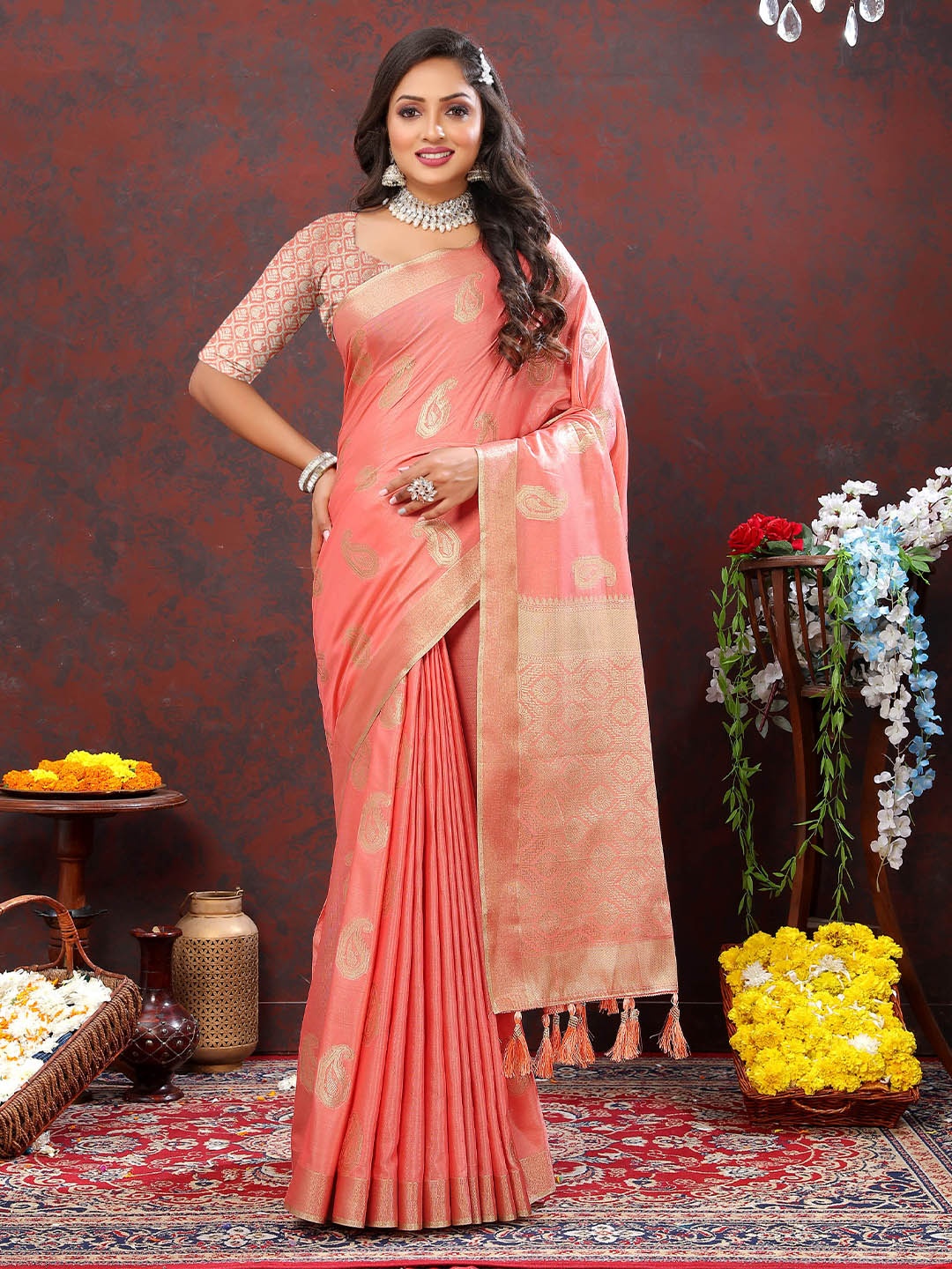 

Ekta TextilesEthnic Motifs Woven Design Zari Pure Silk Cotton Banarasi Saree, Peach