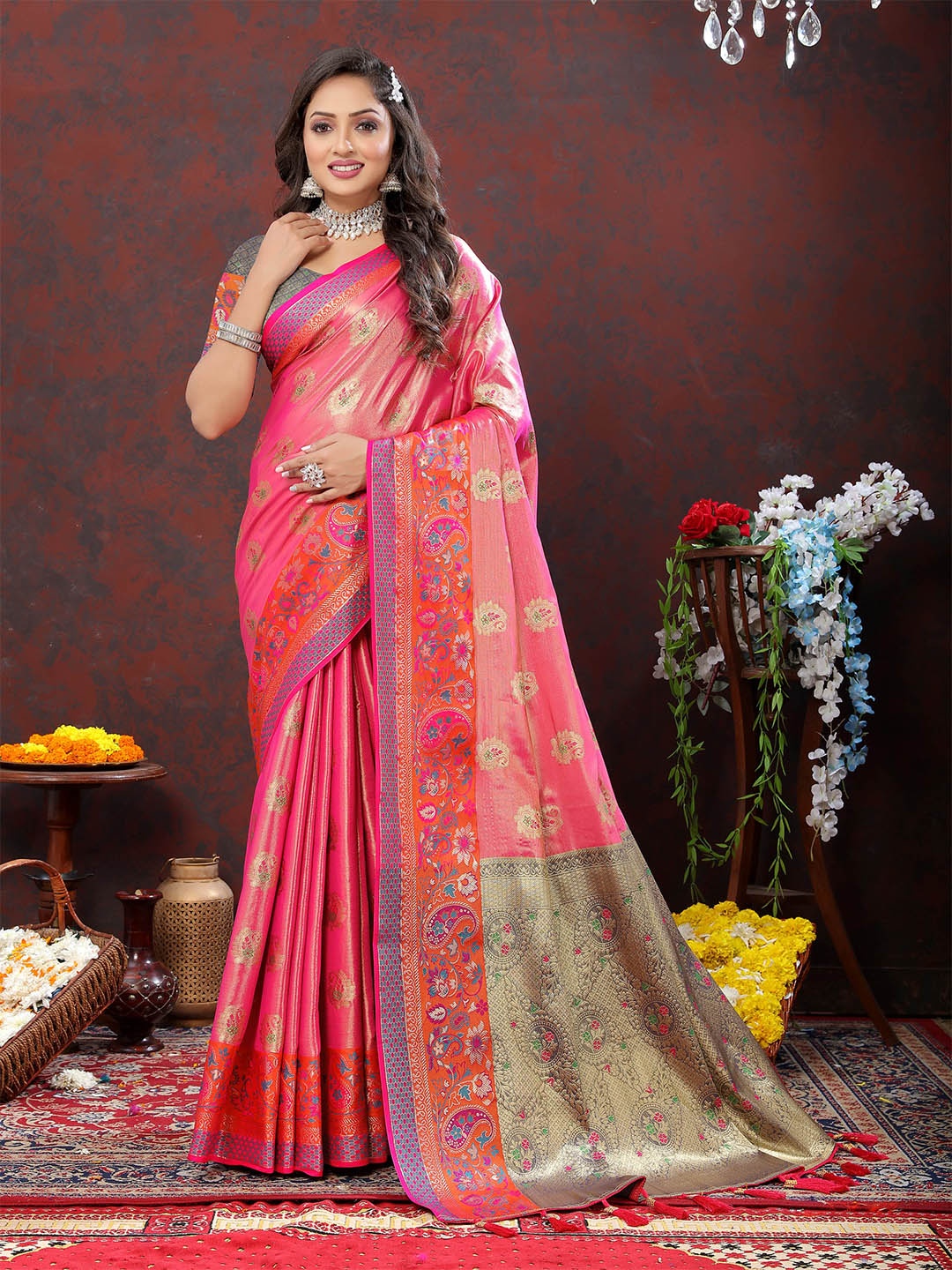 

Ekta Textiles Ethnic Motifs Woven Design Zari Pure Silk Kanjivaram Saree, Coral