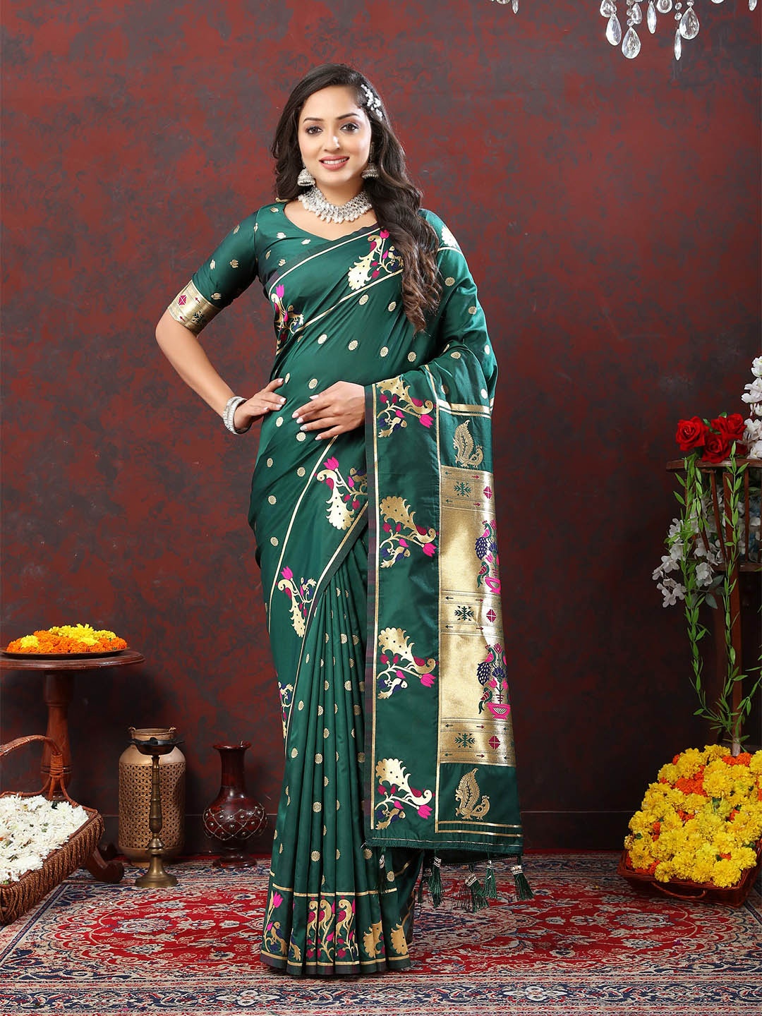 

Ekta Textiles Ethnic Motifs Woven Design Zari Pure Silk Paithini Saree, Green