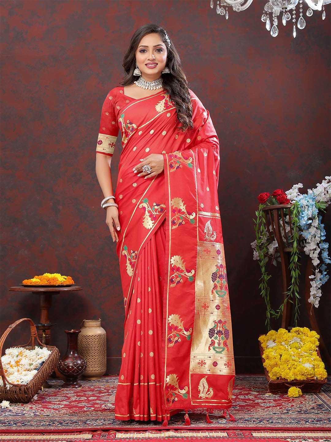 

Ekta Textiles Ethnic Motifs Woven Design Zari Pure Silk Paithini Saree, Red