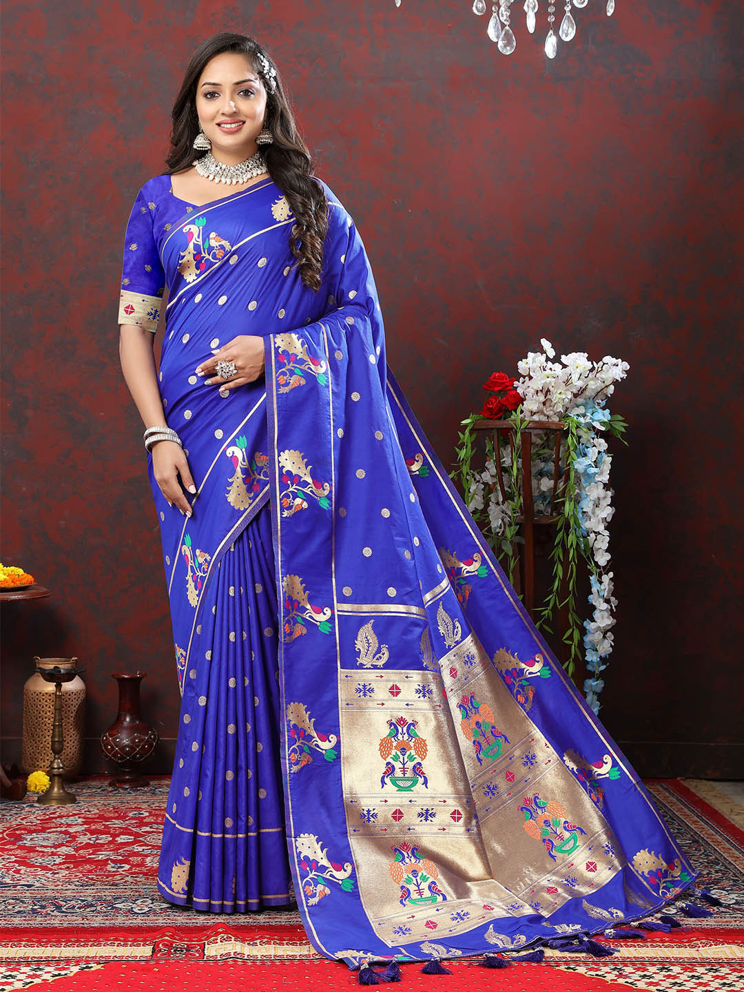 

Ekta Textiles Ethnic Motifs Woven Design Zari Pure Silk Paithini Saree, Blue