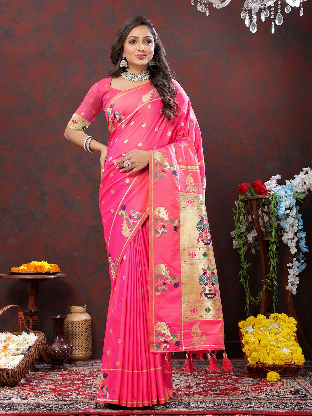 

Ekta Textiles Ethnic Motifs Woven Design Zari Pure Silk Paithini Saree, Peach