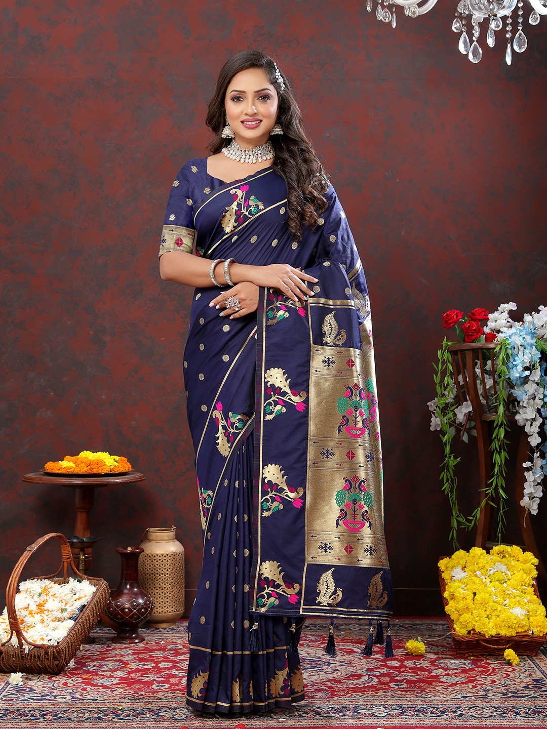 

Ekta Textiles Ethnic Motifs Woven Design Zari Pure Silk Paithani Saree, Blue