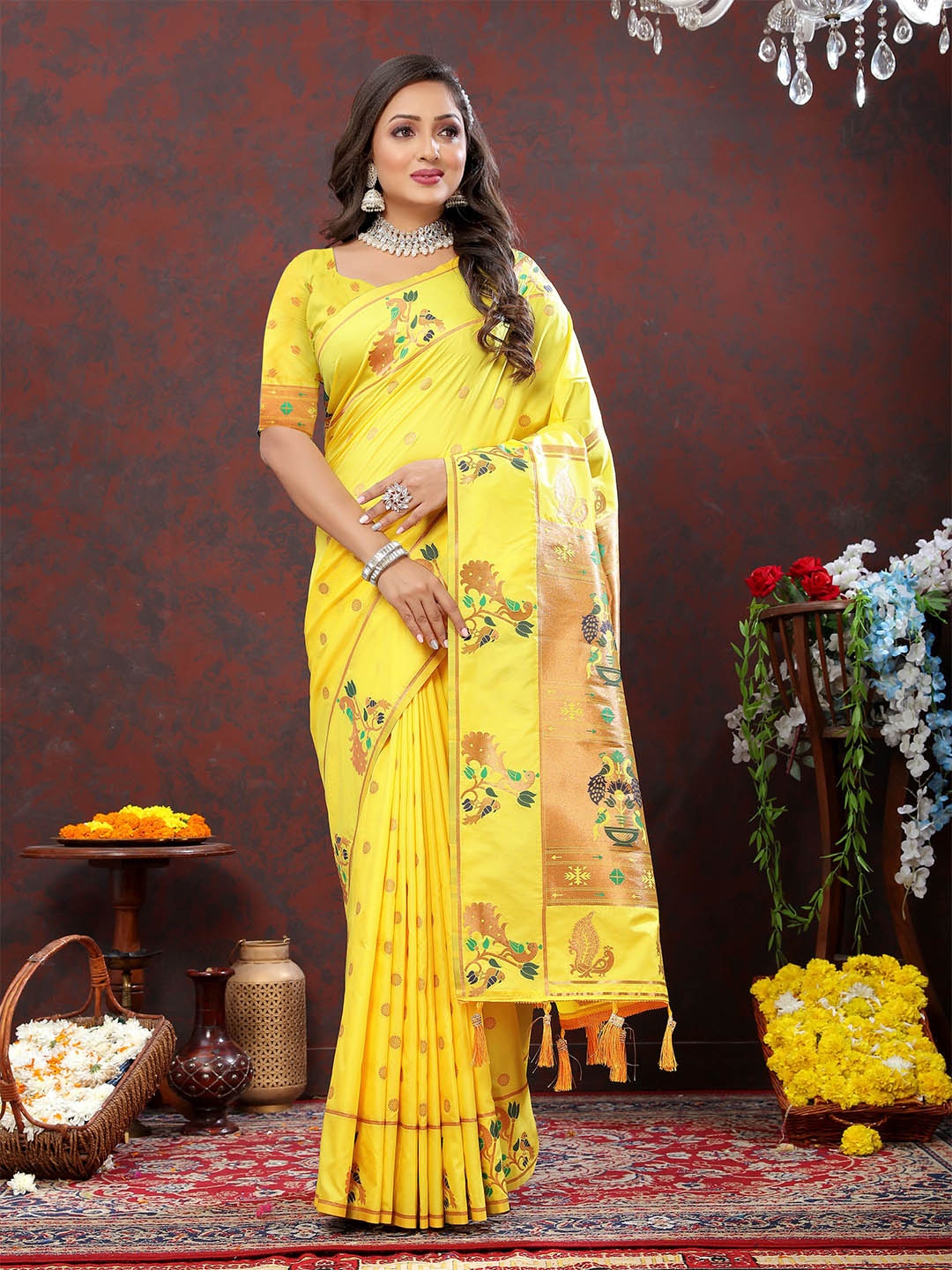 

Ekta Textiles Ethnic Motifs Woven Design Zari Pure Silk Paithani Saree, Yellow