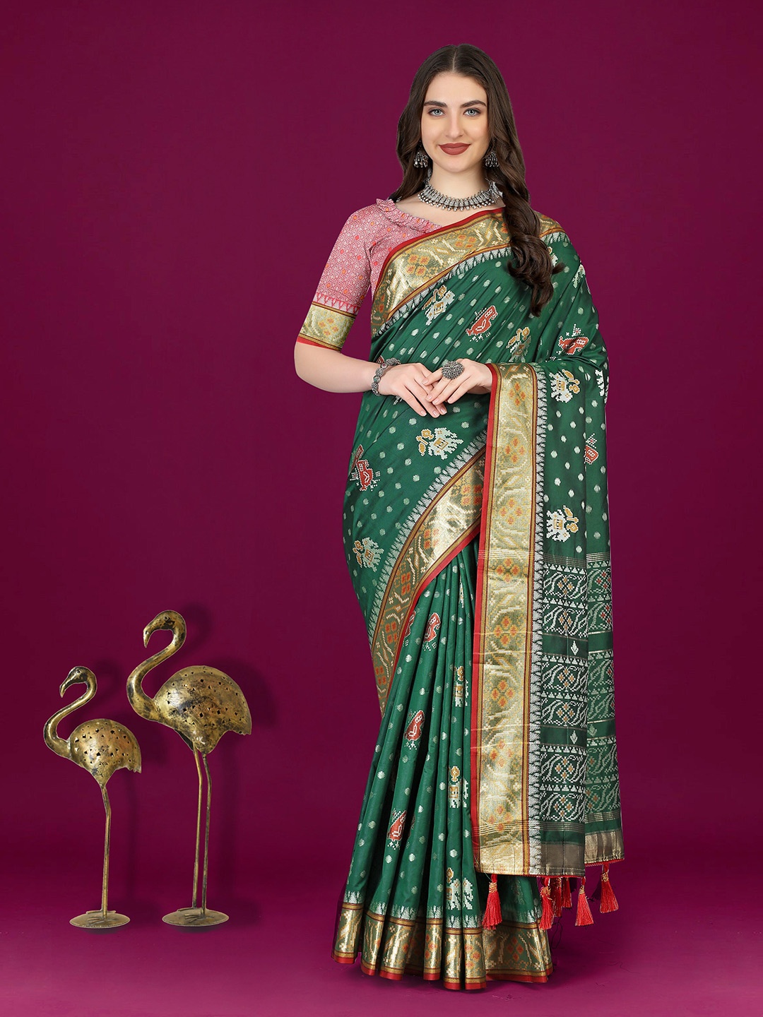 

Ekta Textiles Ethnic Motifs Woven Design Zari Pure Silk Patola Saree, Green