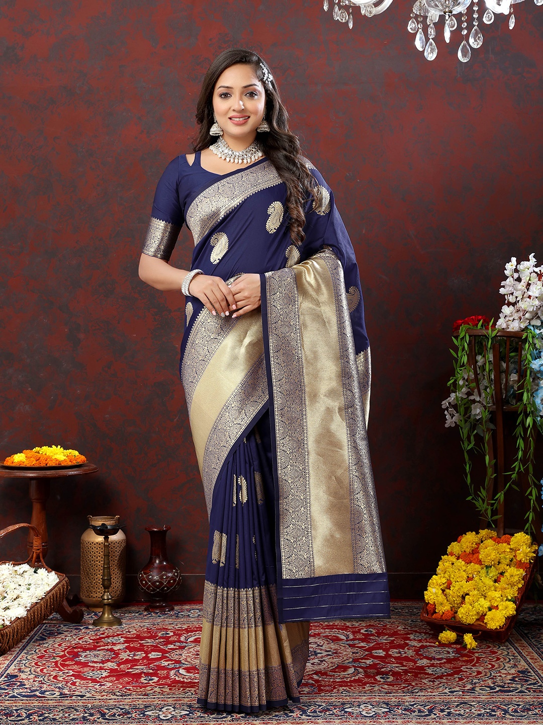 

Ekta Textiles Ethnic Motifs Woven Design Zari Pure Silk Banarasi Saree, Blue