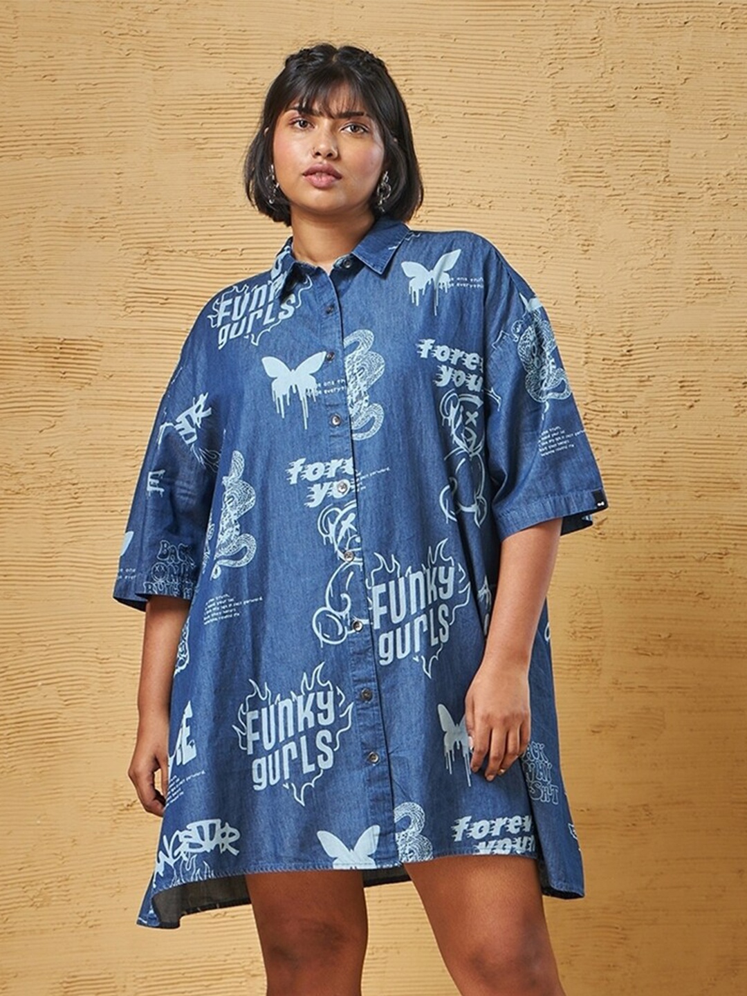 

Bewakoof Plus Size Funky Girls Typography Printed Cotton Shirt Style Dress, Blue