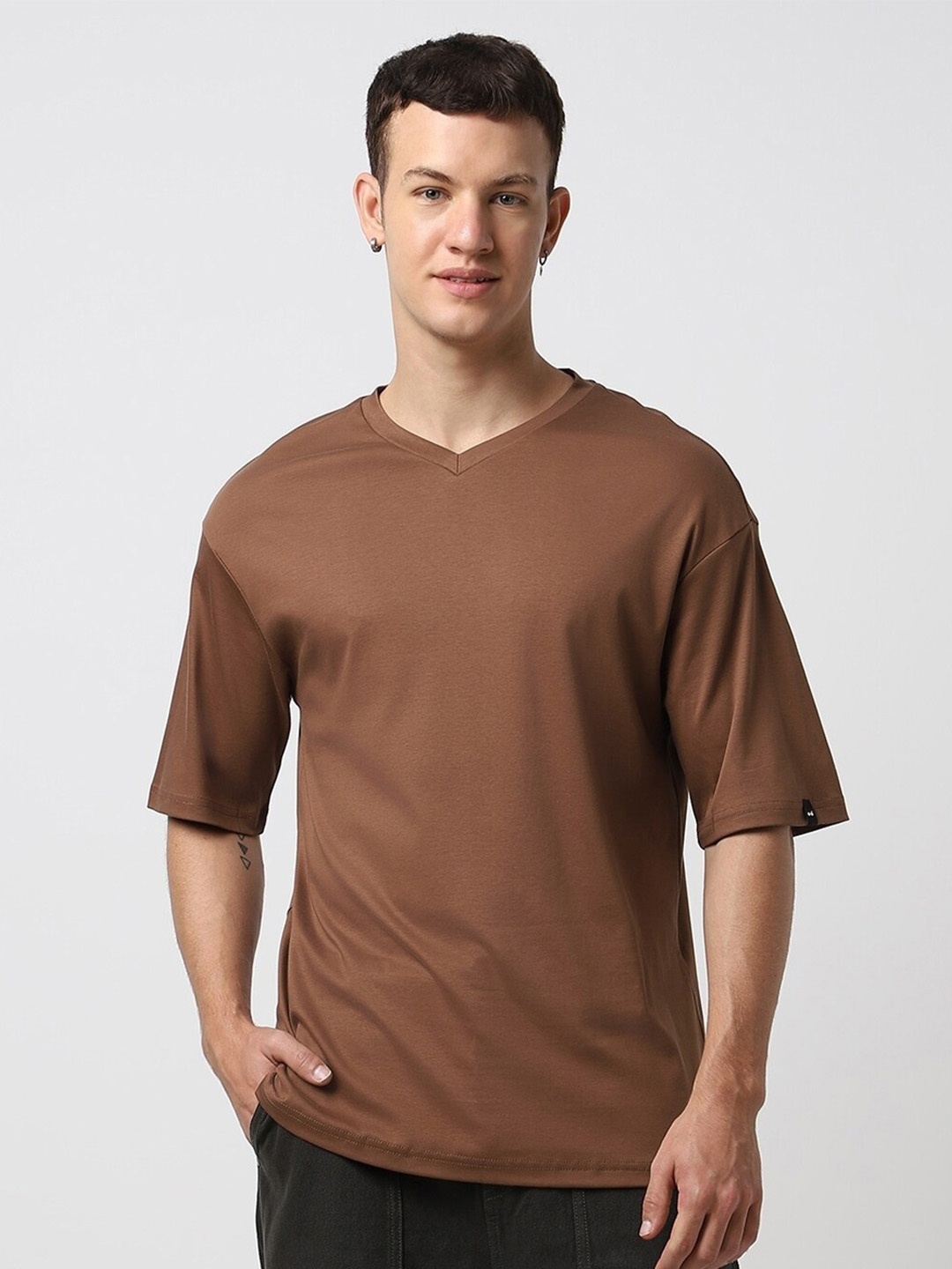 

Bewakoof V-Neck Drop-Shoulder Sleeves Oversized Pure Cotton T-shirt, Brown