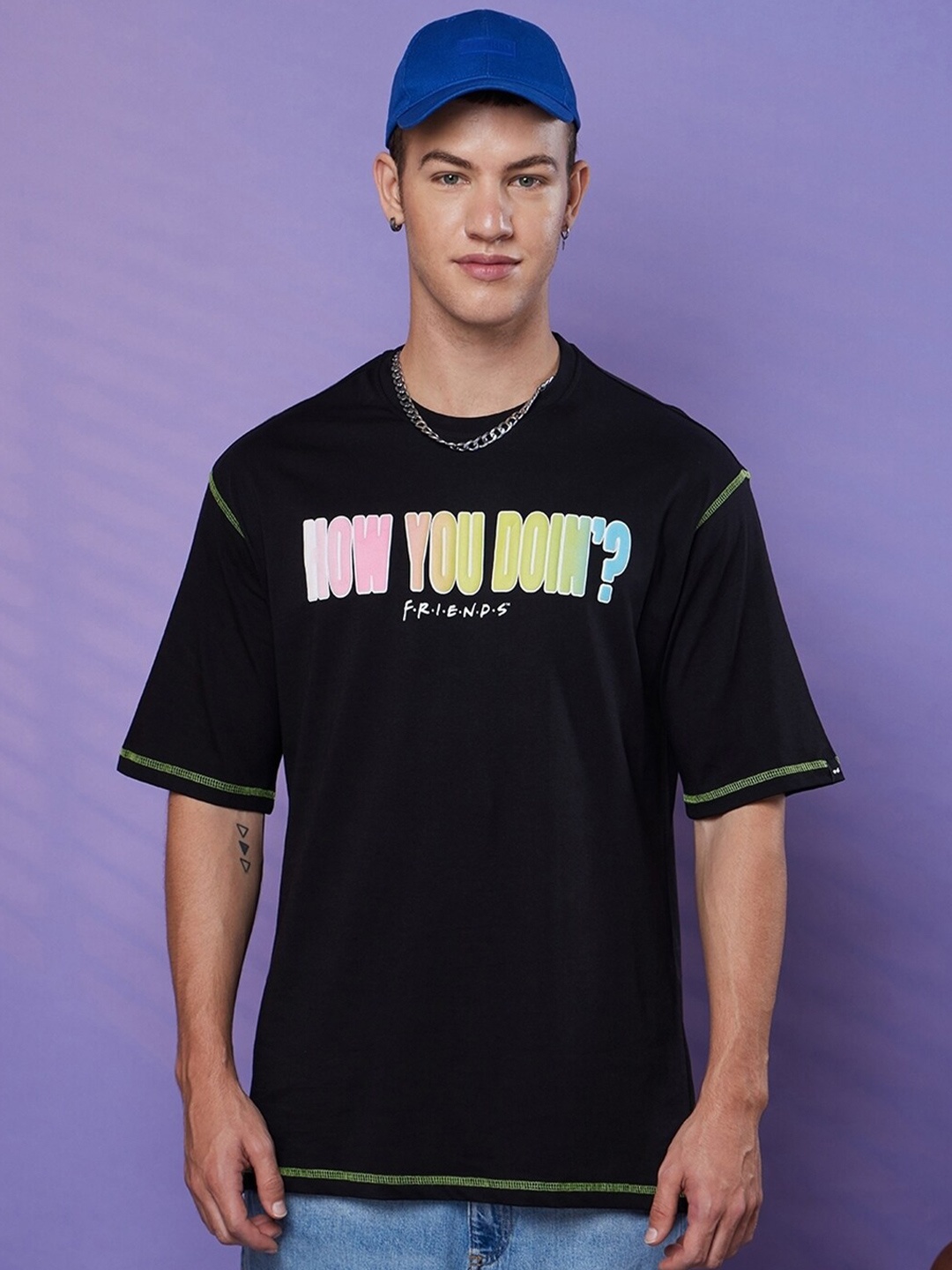 

Bewakoof Friends Printed Drop-Shoulder Sleeves Oversized Pure Cotton T-shirt, Black