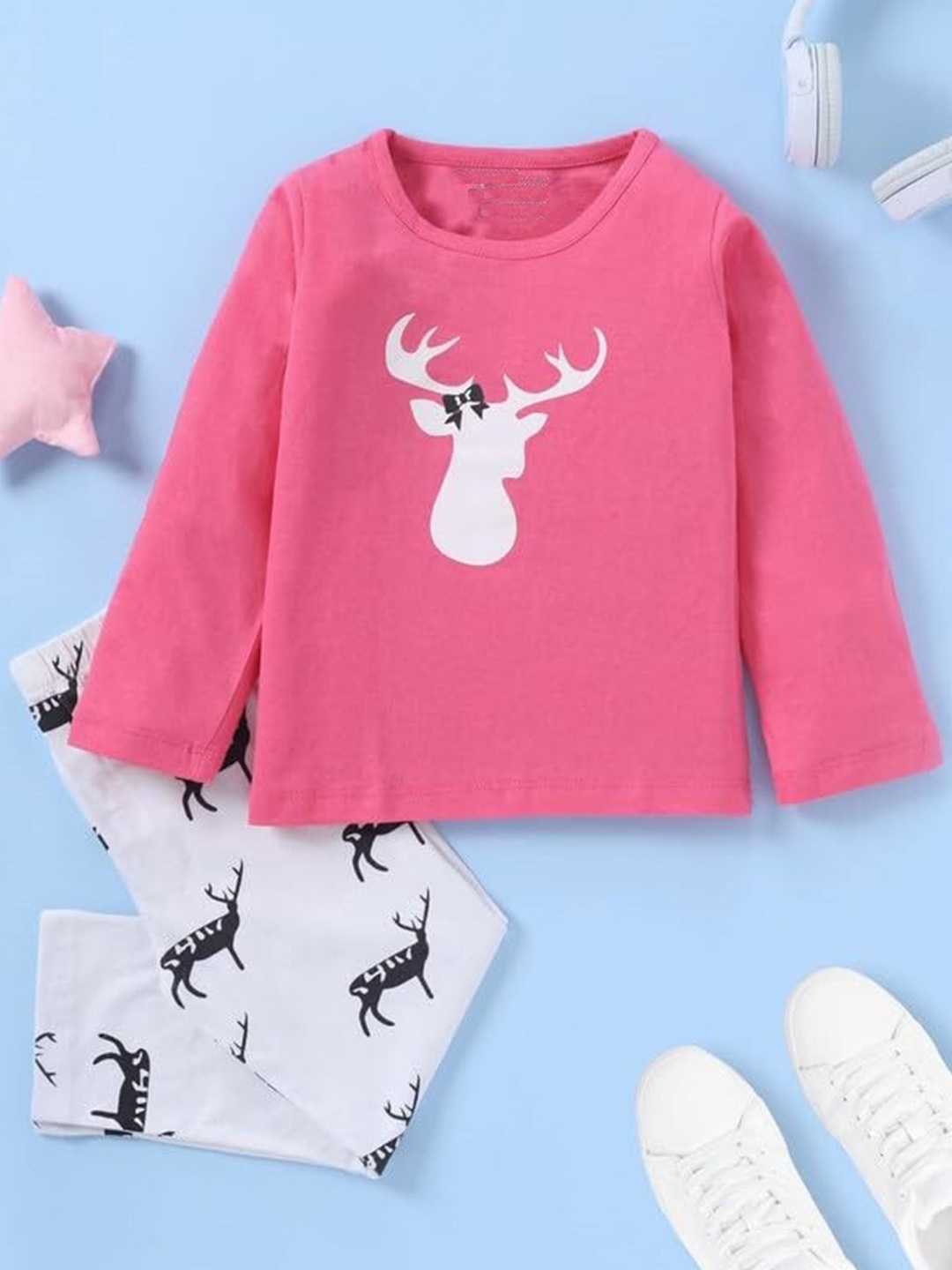 

BAESD Girls Reindeer Printed Round Neck Cotton T-Shirt and Pyjama, Pink