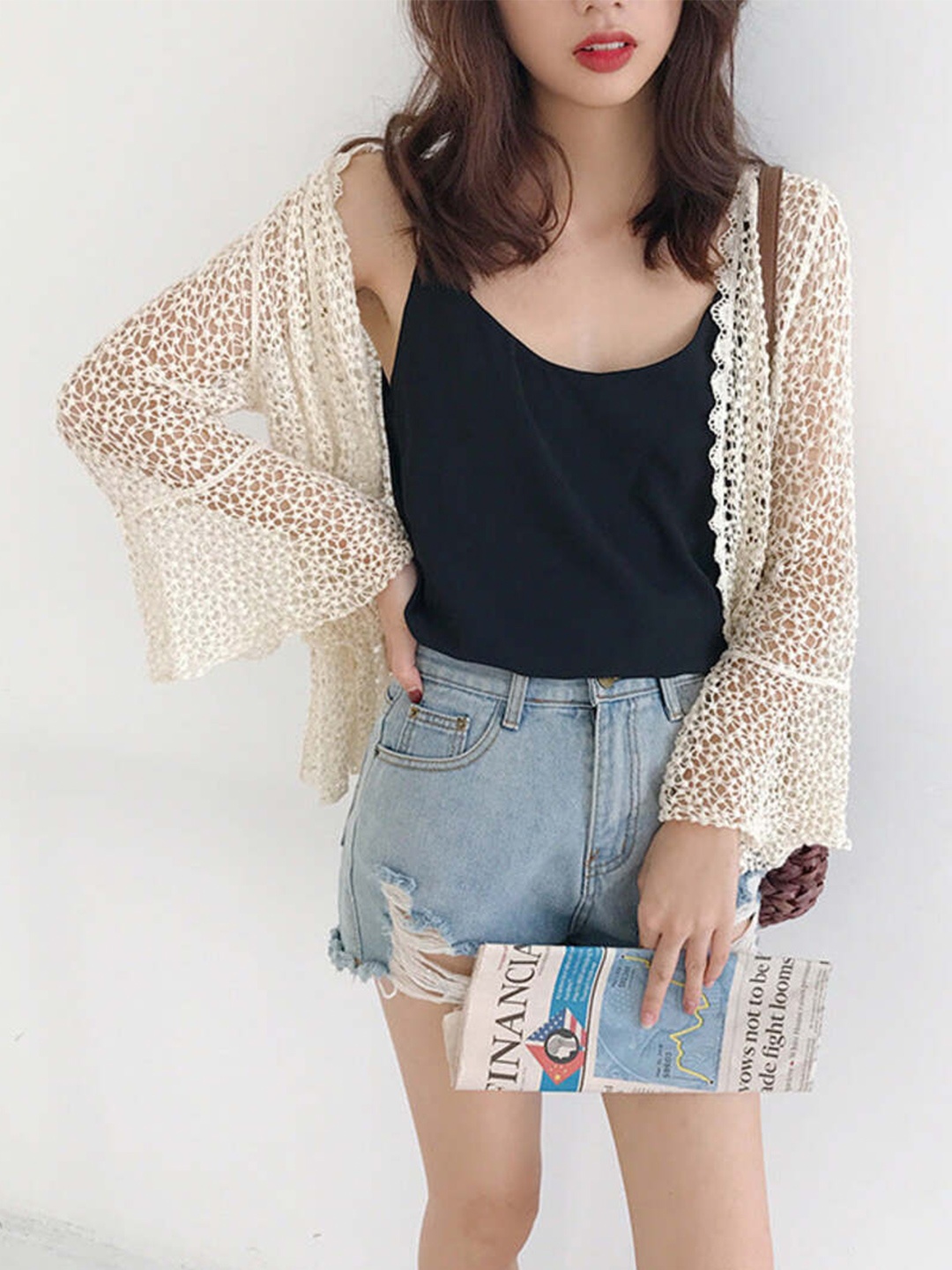 

DressBerry Beige Self Designed Open Front Shrug