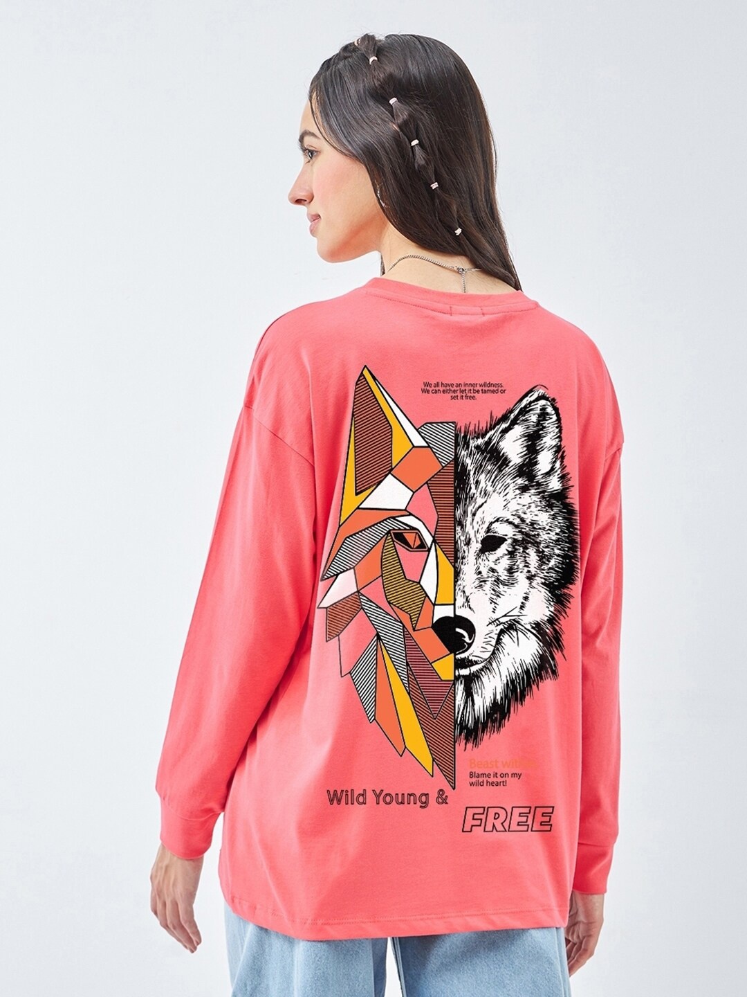 

Bewakoof Deep Sea Coral Beast Printed Drop-Shoulder Sleeves Oversized Pure Cotton T-shirt, Pink