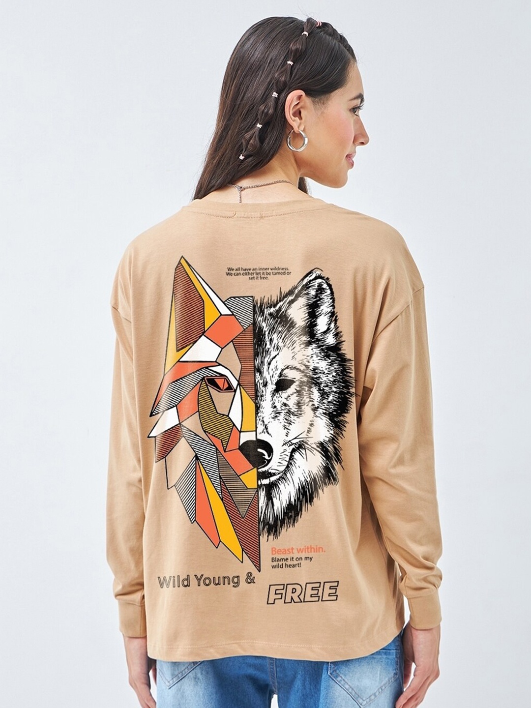 

Bewakoof Deep Sea Coral Beast Printed Drop-Shoulder Sleeves Oversized Pure Cotton T-shirt, Brown