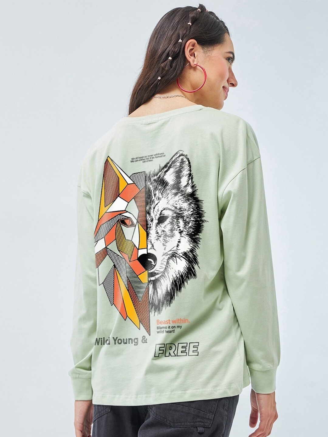 

Bewakoof Deep Sea Coral Beast Printed Drop-Shoulder Sleeves Oversized Pure Cotton T-shirt, Green