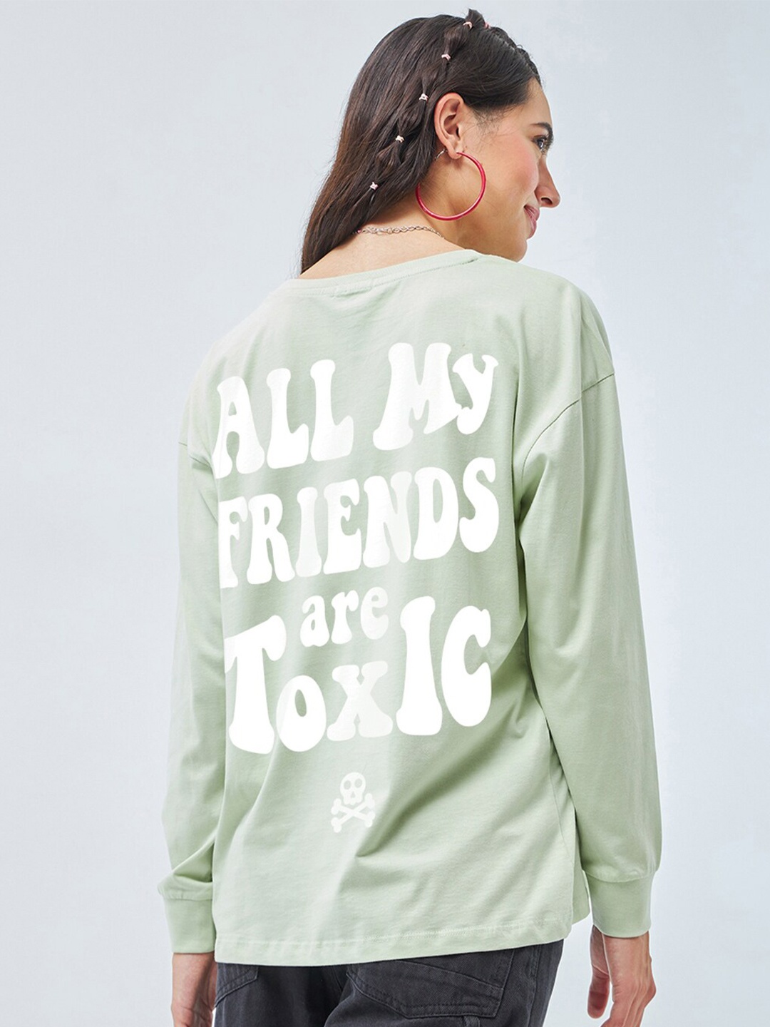 

Bewakoof Toxic Typography Printed Drop-Shoulder Sleeves Oversized Pure Cotton T-shirt, Green