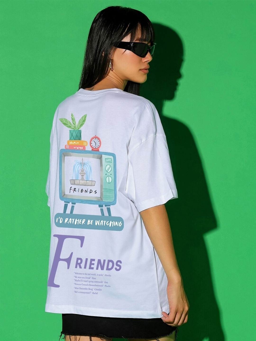 

Bewakoof Friends Typography Printed Drop-Shoulder Sleeves Oversized Pure Cotton T-shirt, White