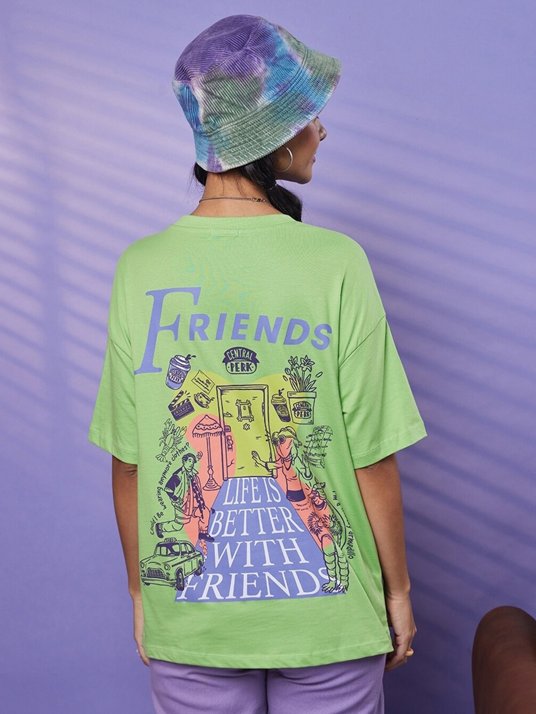 

Bewakoof Friends Typography Printed Drop-Shoulder Sleeves Oversized Pure Cotton T-shirt, Green
