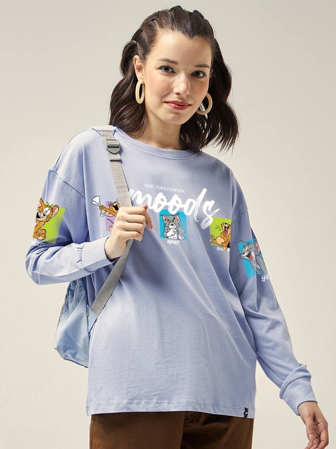 

Bewakoof Tom & Jerry Printed Drop-Shoulder Sleeves Oversized Pure Cotton T-shirt, Purple