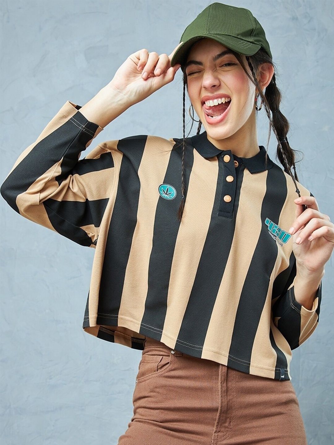 

Bewakoof Striped Polo Collar Drop-Shoulder Sleeves Oversized Pure Cotton T-shirt, Brown