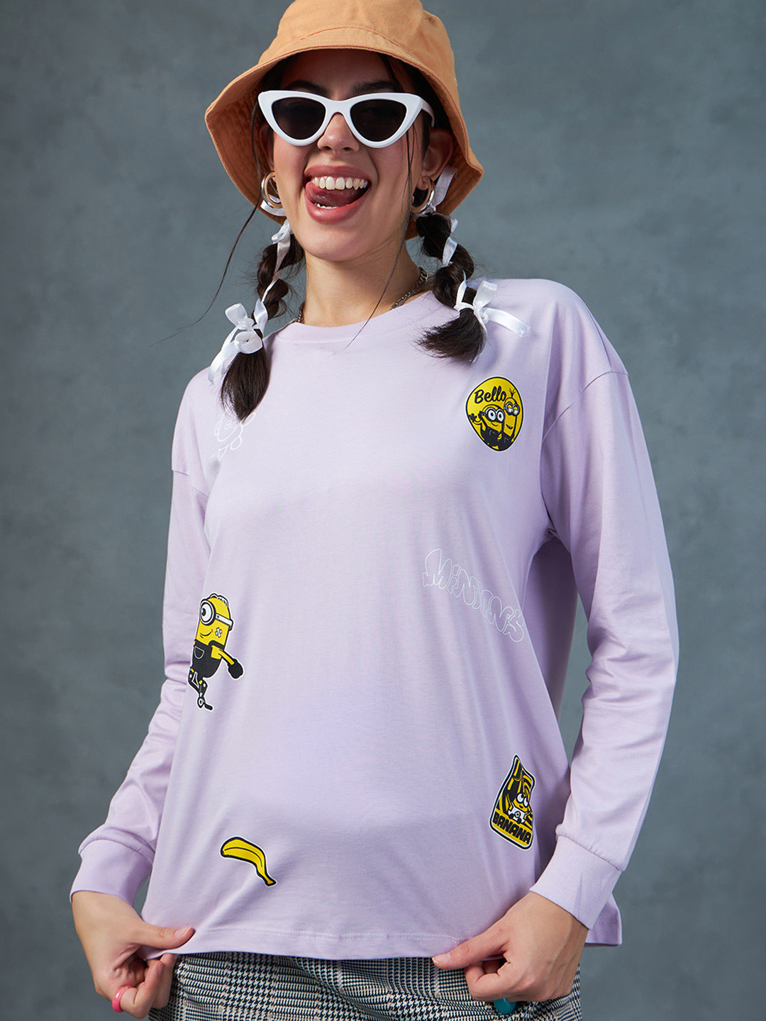 

Bewakoof Minions Printed Drop-Shoulder Sleeves Oversized Pure Cotton T-shirt, Purple