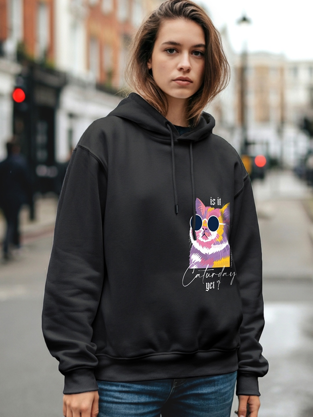 

Bewakoof Heavy Duty 1.0 Women Is It Caturday Graphic Printed Oversized Hoodies, Black