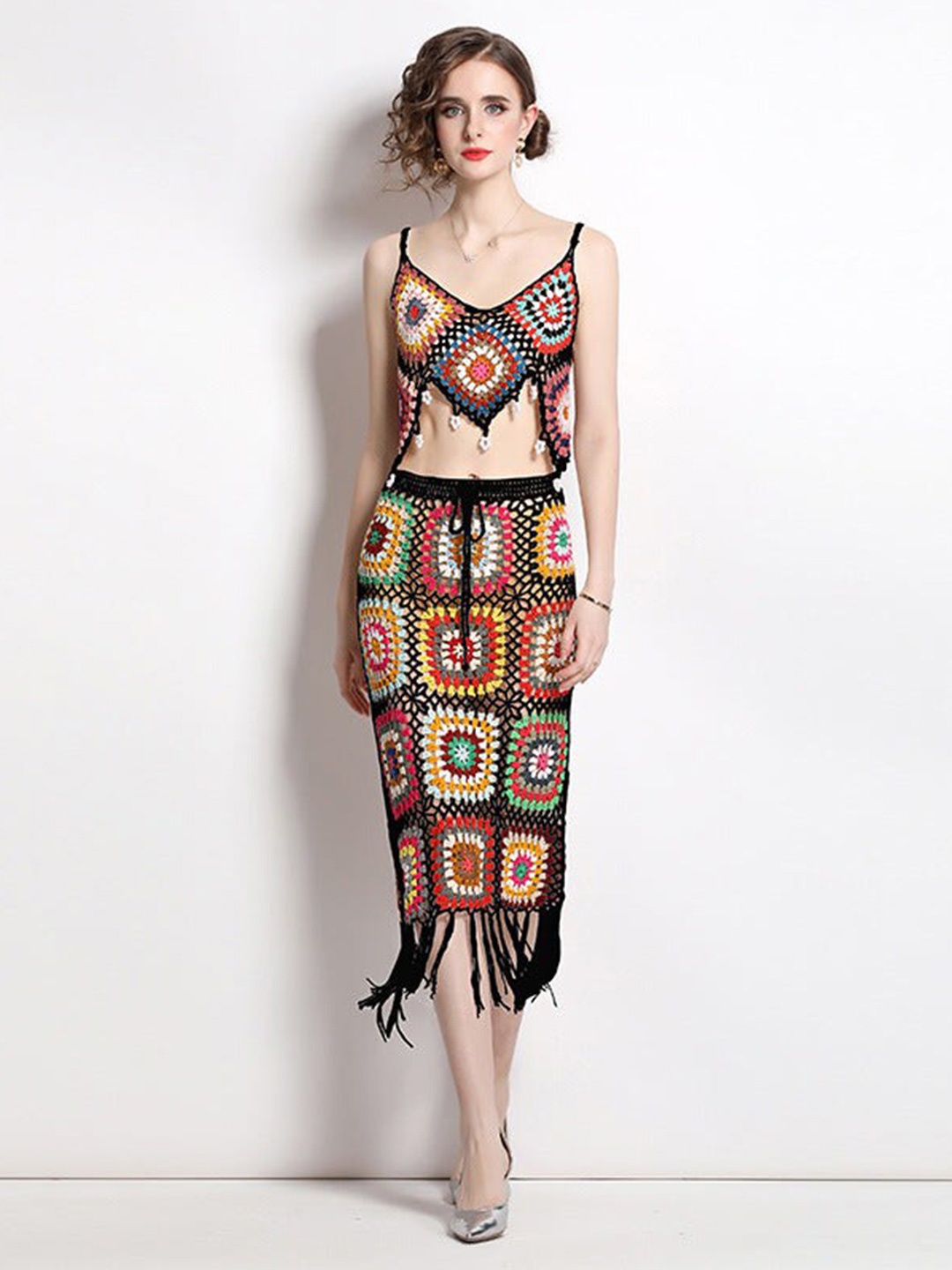 

DressBerry Black Self Design Crochet Top With Skirt