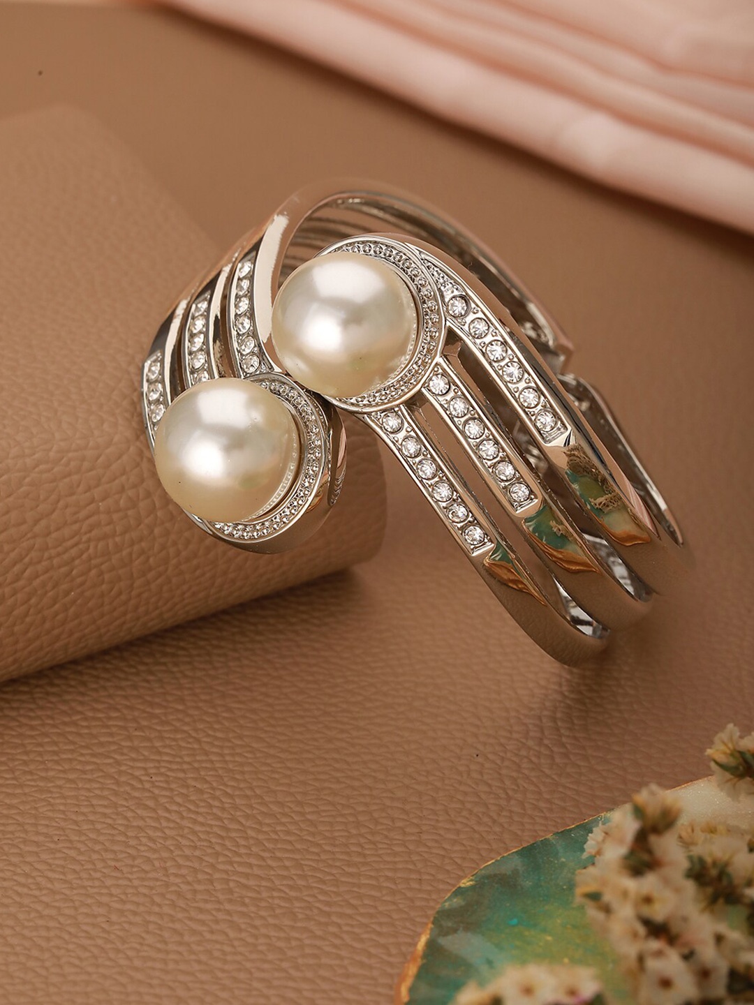 

Jazz and Sizzle Silver-Plated Cubic Zirconia Studded & Beaded Brass Cuff Bracelet