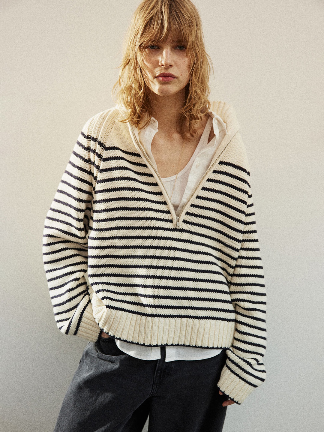 

H&M Striped Zip-Top Jumper, White