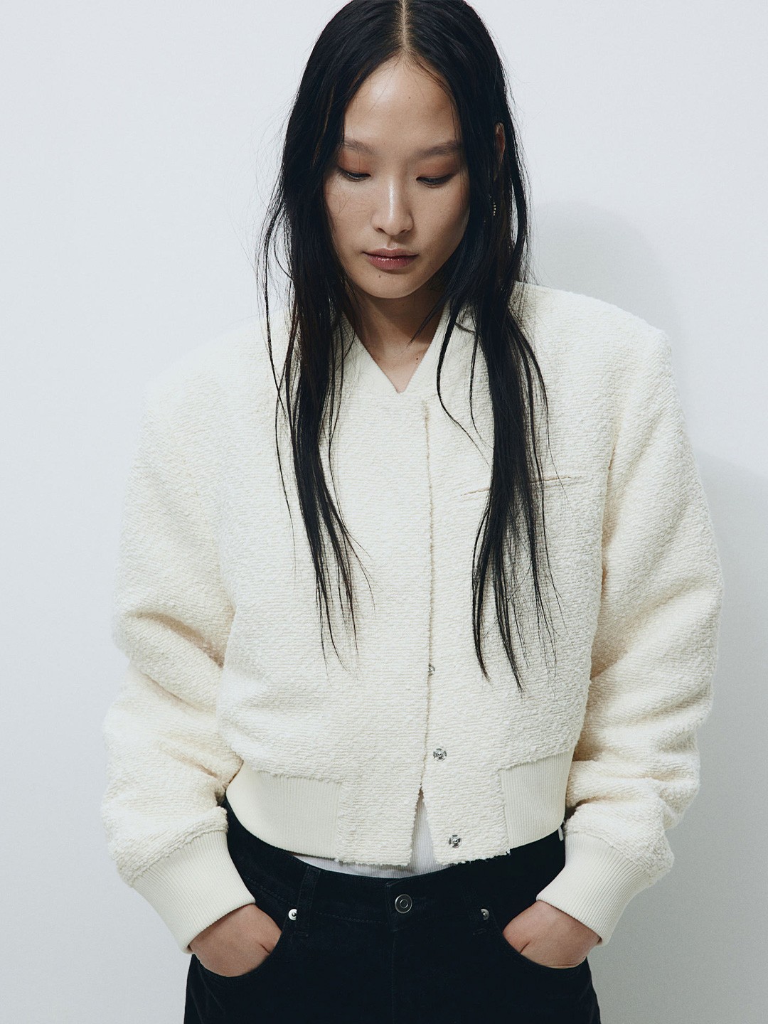

H&M Cropped Bomber Jacket, White