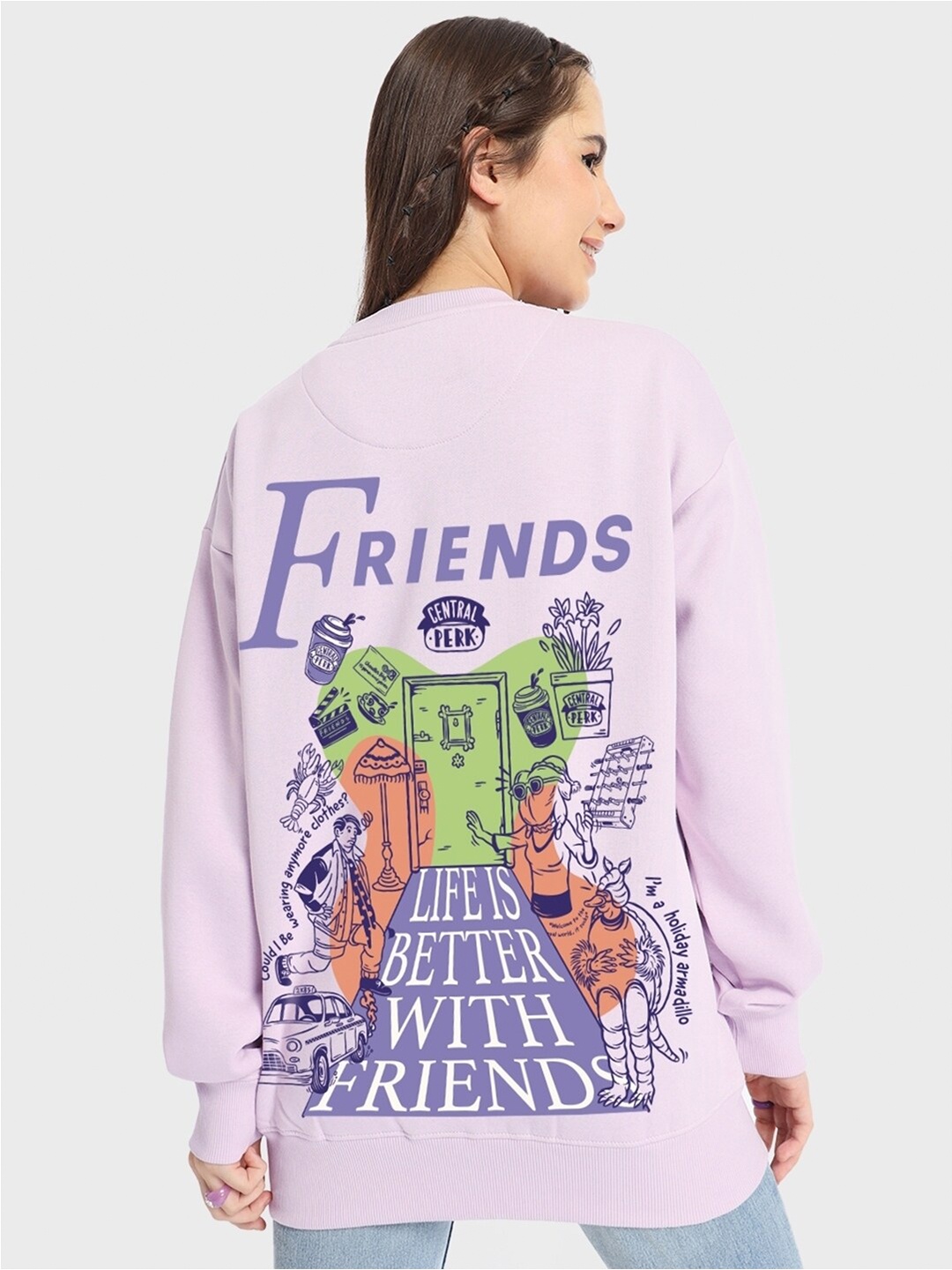 

Bewakoof Friends Typography Printed Oversized Pullover Sweatshirt, Purple