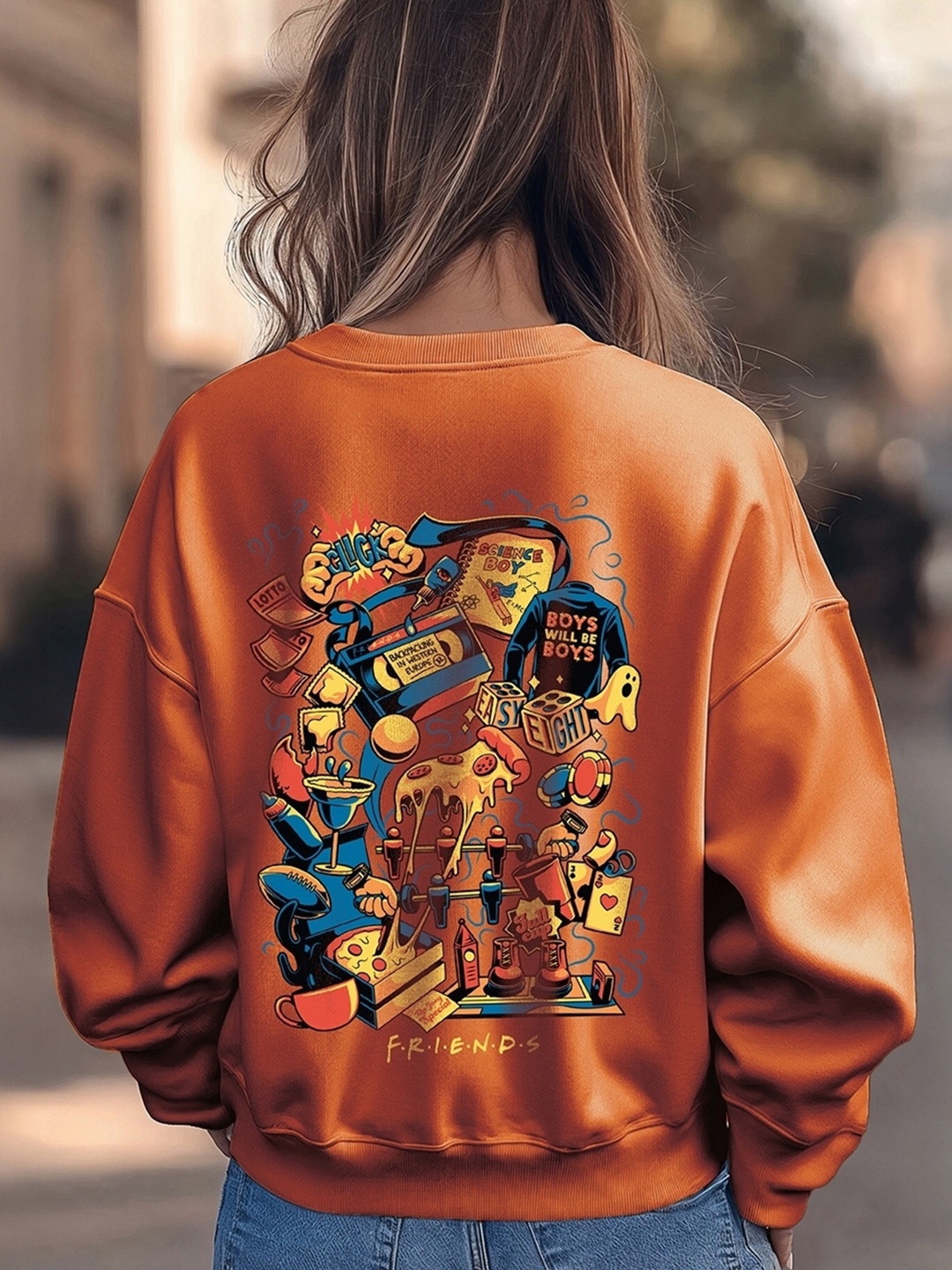 

Bewakoof Friends Graphic Printed Oversized Pullover Sweatshirt, Orange