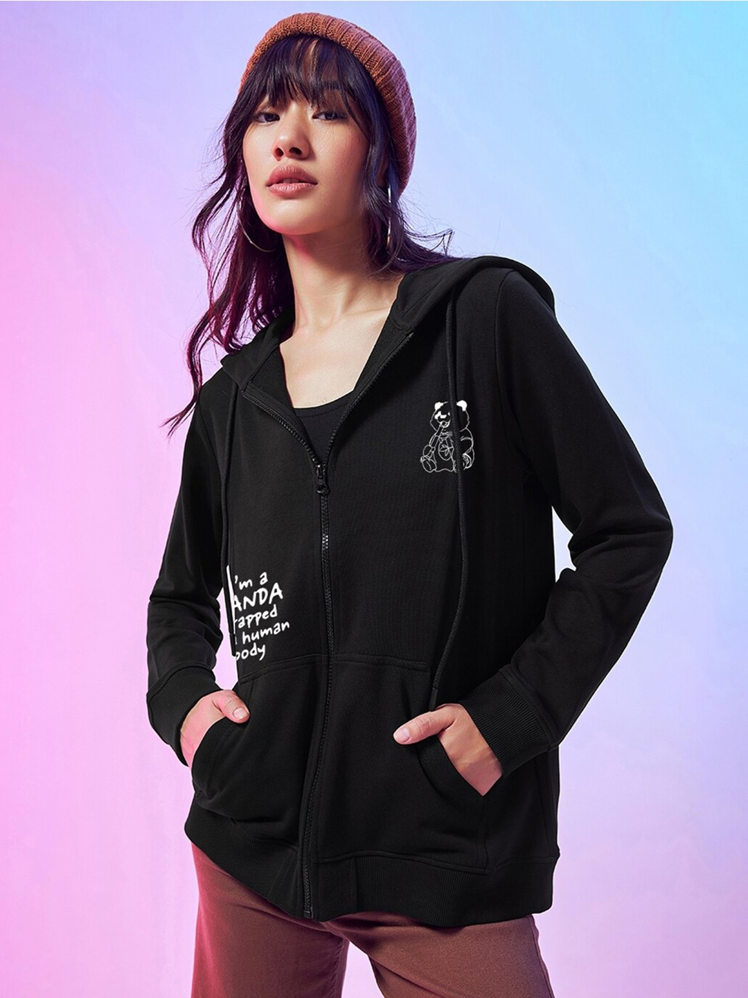 

Bewakoof The Panda Way Graphic Printed Hooded Front-Open Sweatshirt, Black