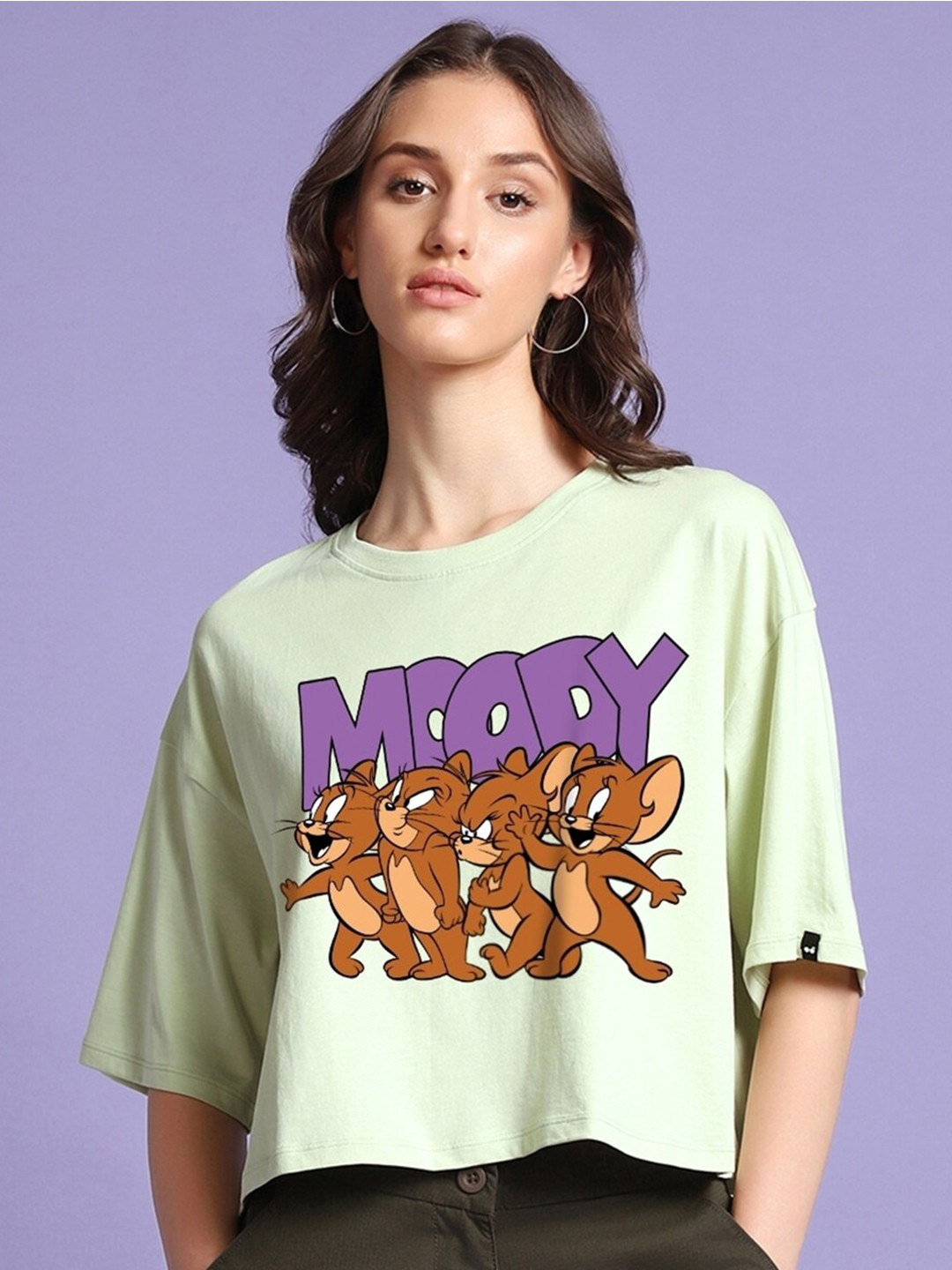

Bewakoof Tom & Jerry Printed Drop-Shoulder Sleeves Pure Cotton Boxy Oversized Crop T-shirt, Green
