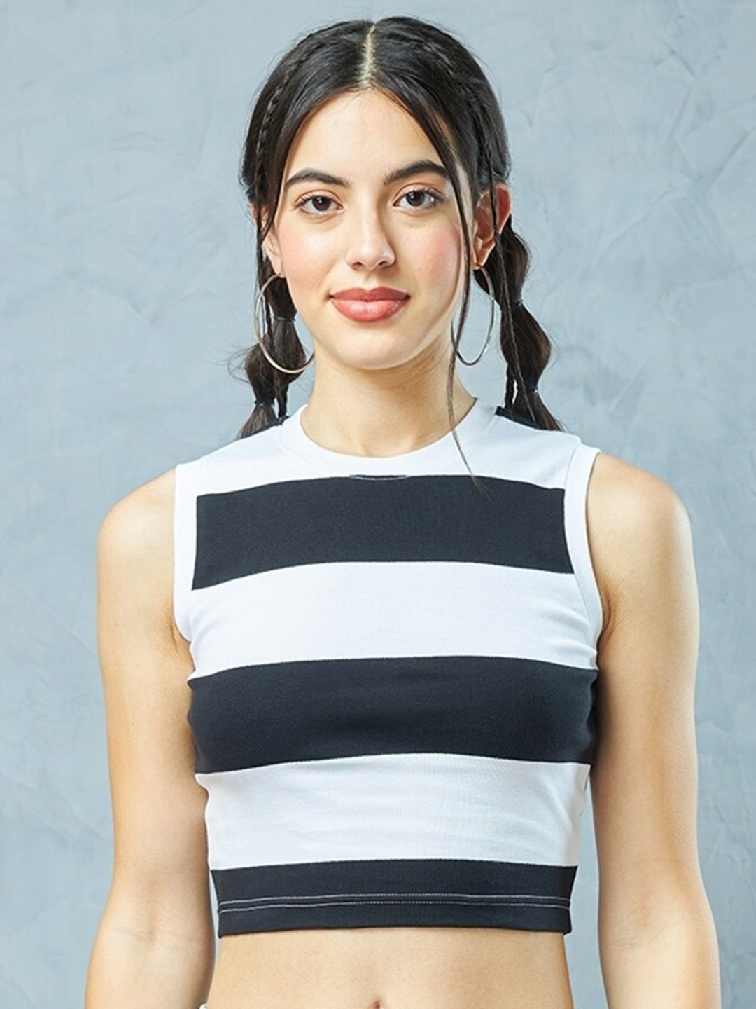 

Bewakoof Horizontal Striped Sleeveless Pure Cotton Fitted Crop Top, White