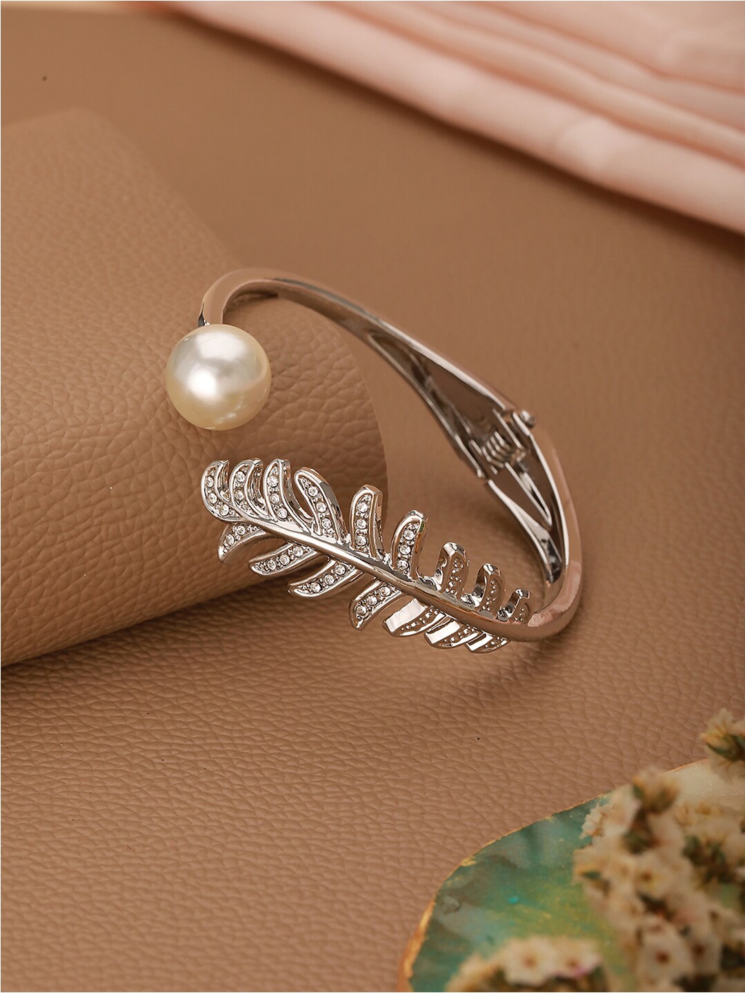 

Jazz and Sizzle Brass Silver-Plated CZ-Studded & Pearl Beaded Cuff Bracelet