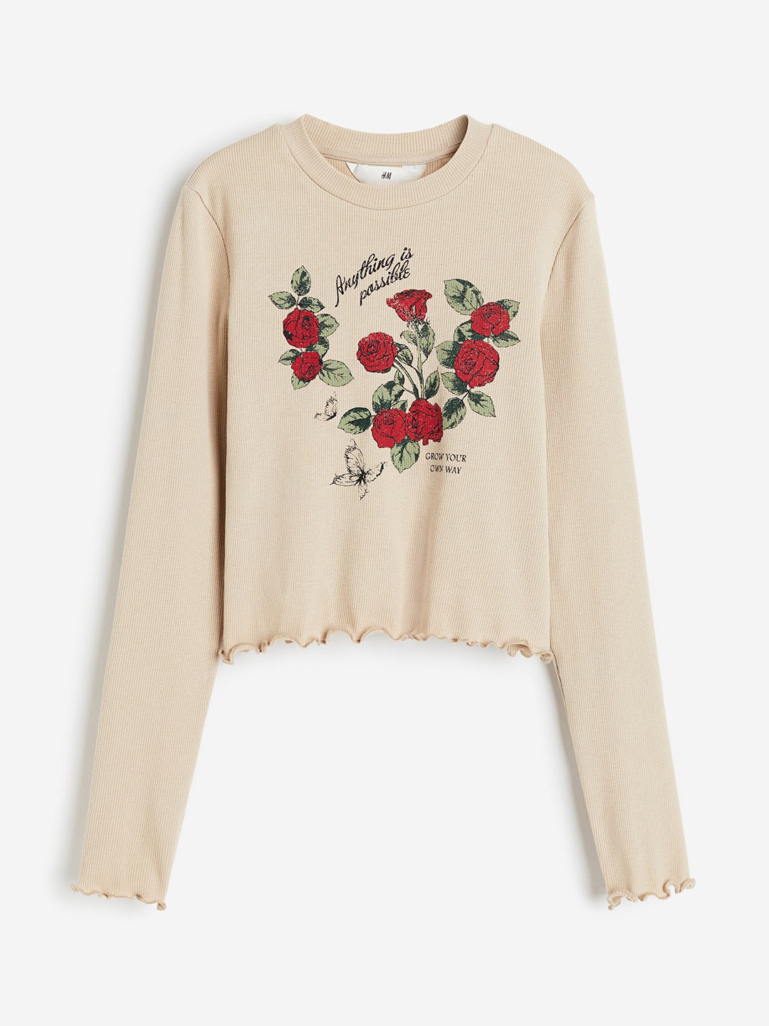 

H&M Girls Ribbed Cotton Jersey Cropped Top, Beige