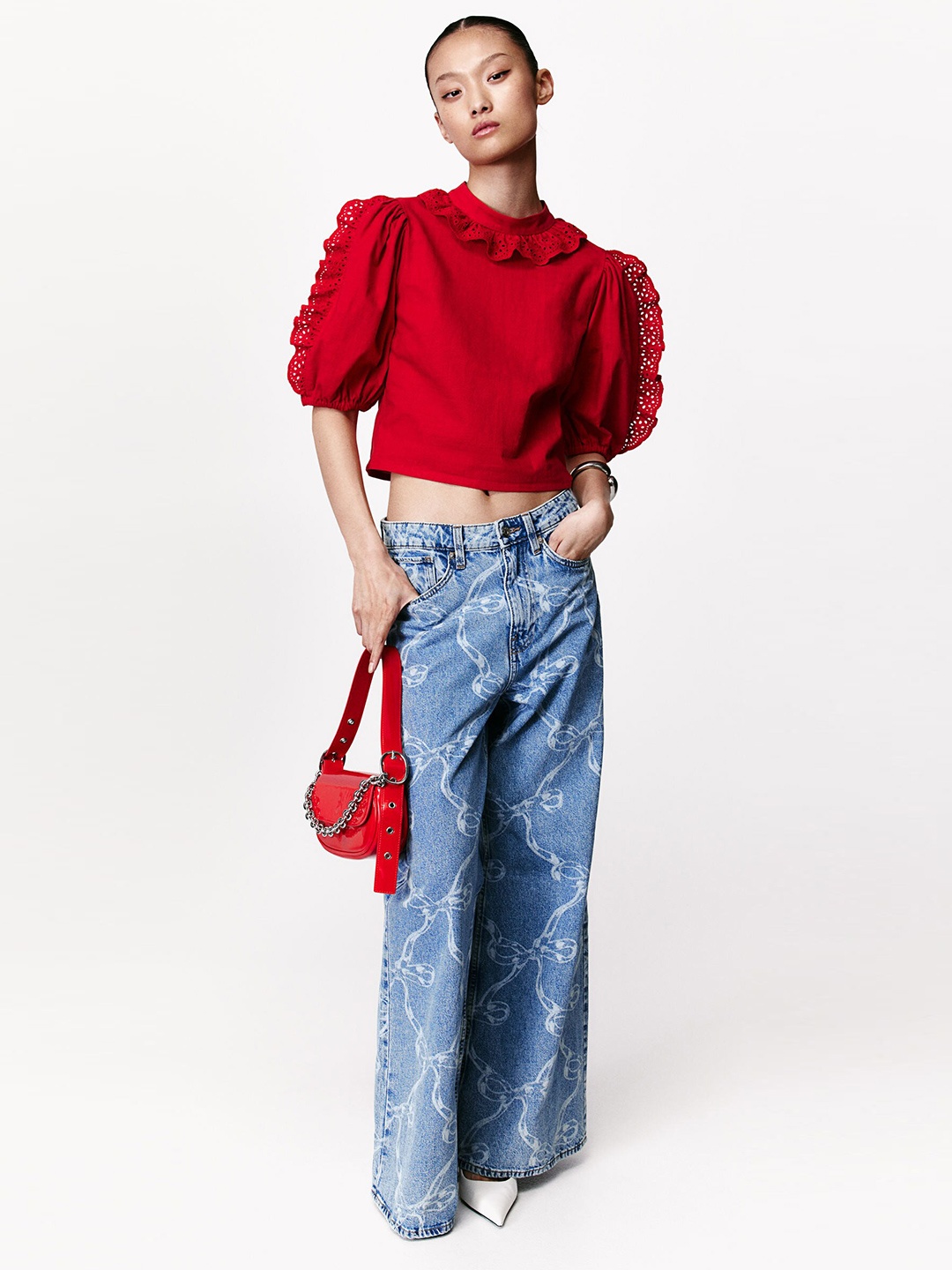 

H&M Pure Cotton Broderie Anglaise-Detail Blouse, Red