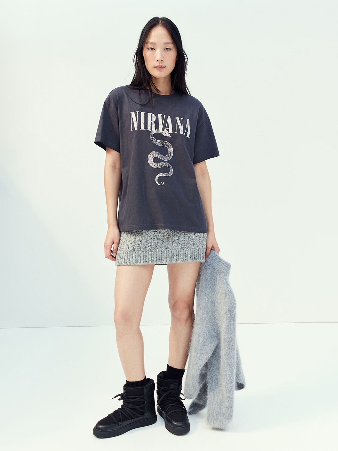 

H&M Pure Cotton Oversized Printed T-Shirt, Grey