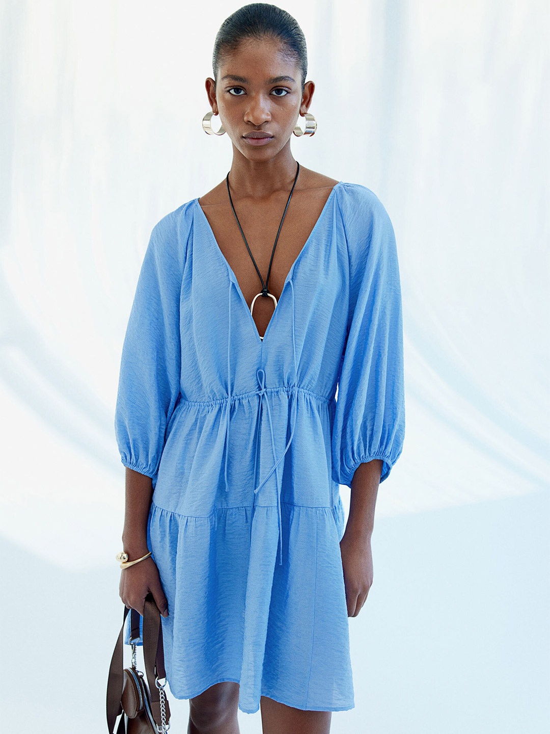 

H&M Loose Fit Tie-Detail Dress, Blue