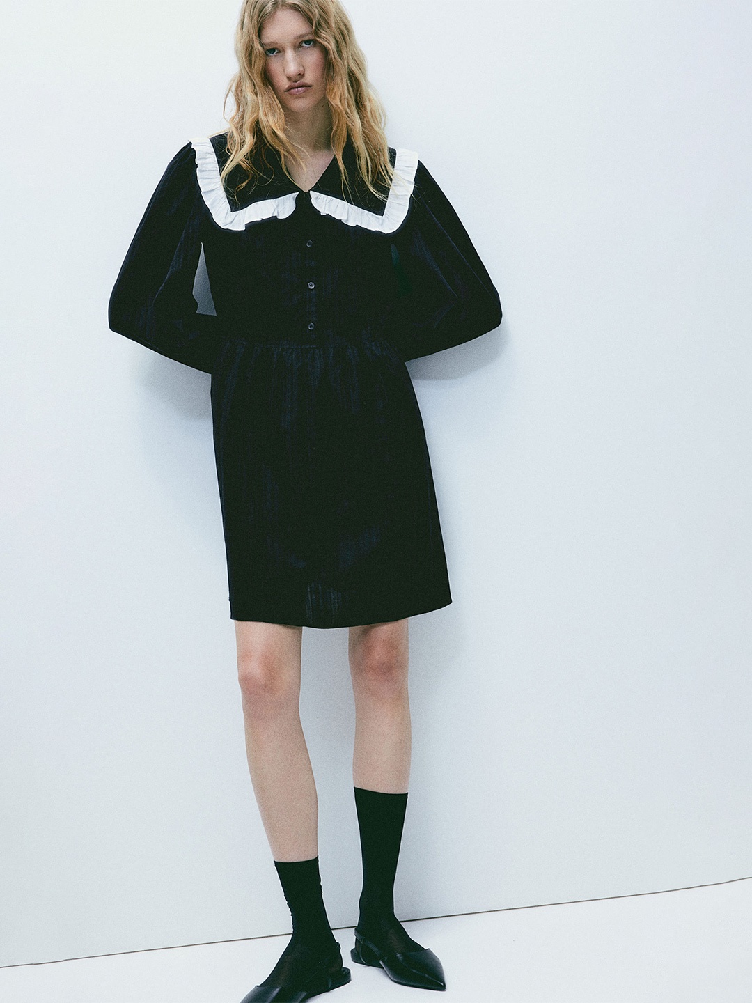 

H&M Pure Cotton Dobby-Weave Peter Pan-Collared Dress, Black