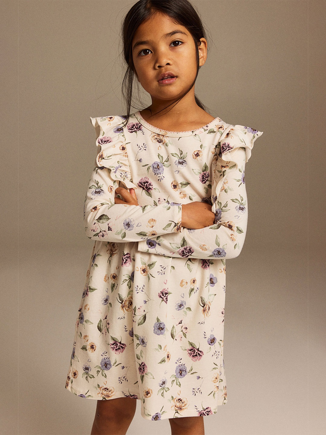 

H&M Girls Pure Cotton Flouce-Trimmed Jersey Dress, White