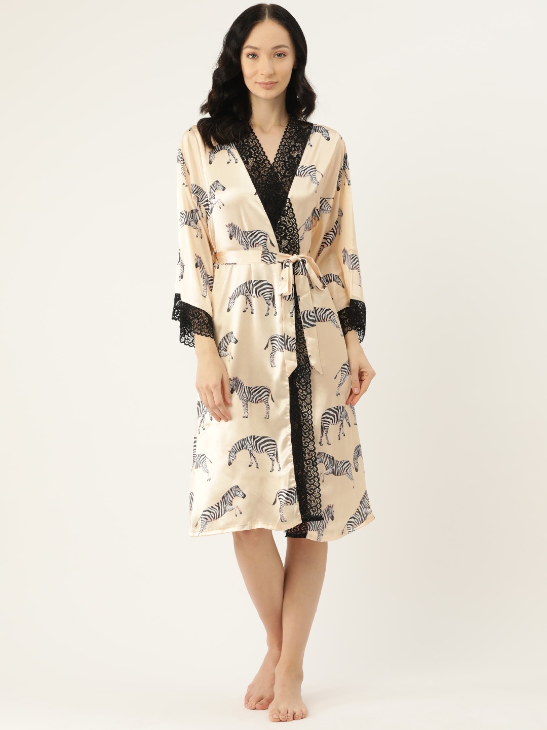 

Ms.Lingies Conversational Printed Satin Robe with Lace Detail, Beige