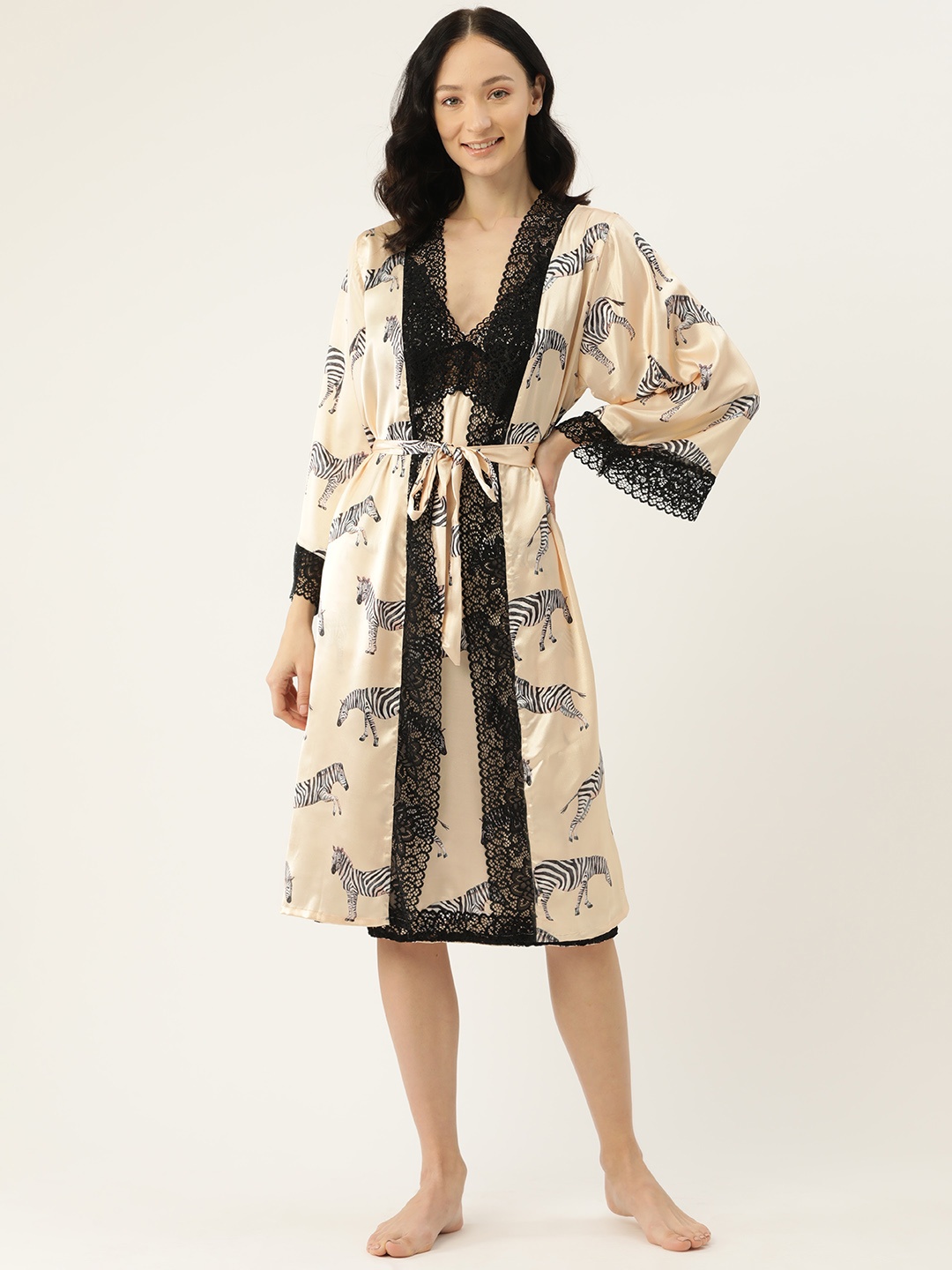 

Ms.Lingies Conversational Printed Satin Nightdress with Robe, Multi