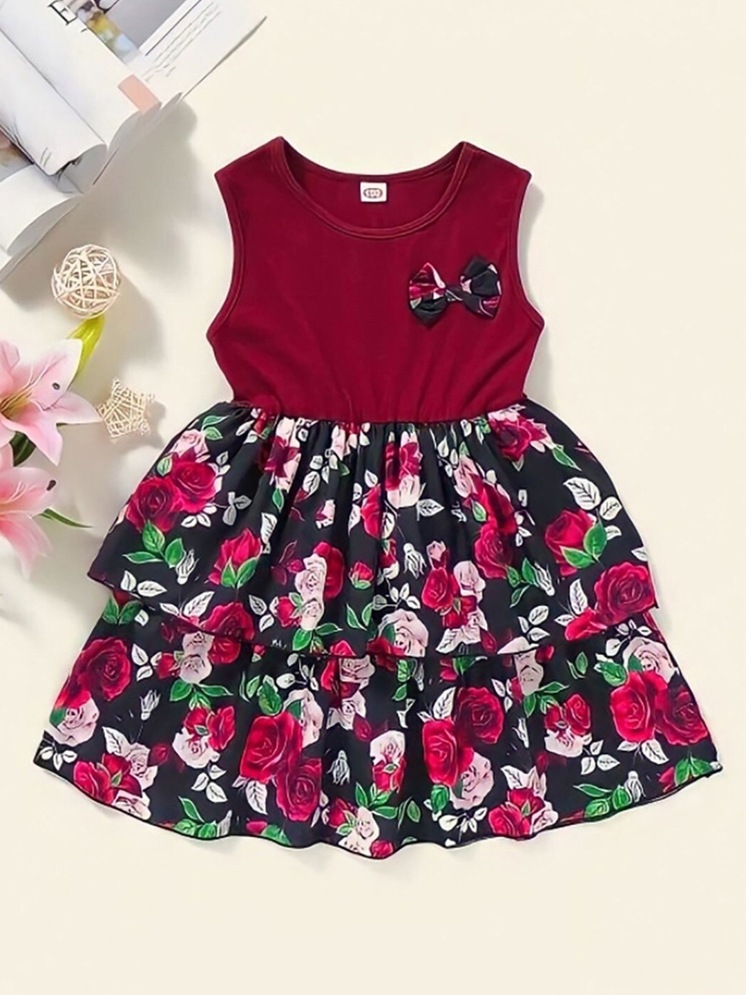 

BAESD Floral Printed Round Neck Fit & Flare Dress, Maroon