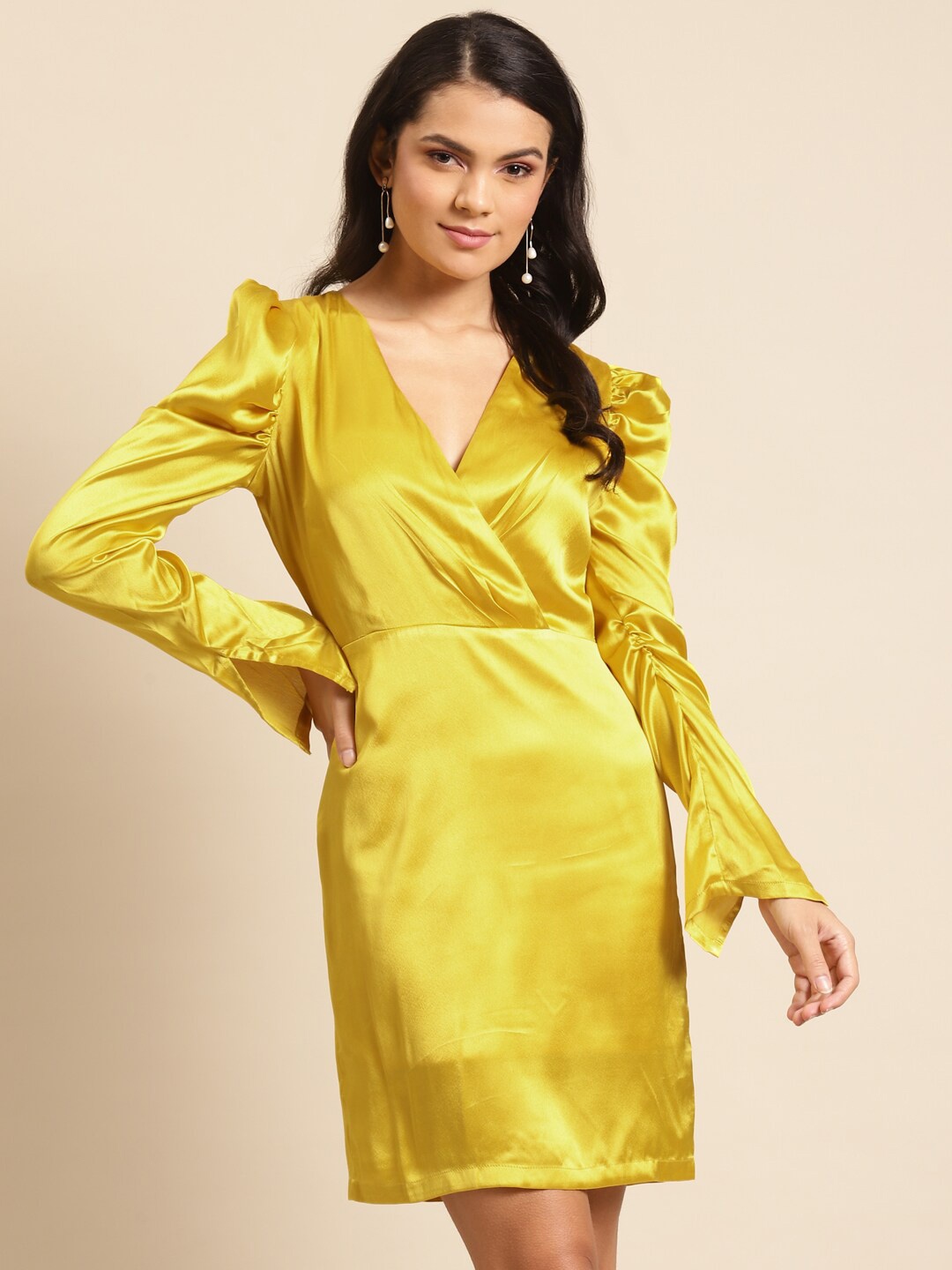 

DODO & MOA Yellow V-Neck Puff Sleeves Sheen Satin Wrap Dress