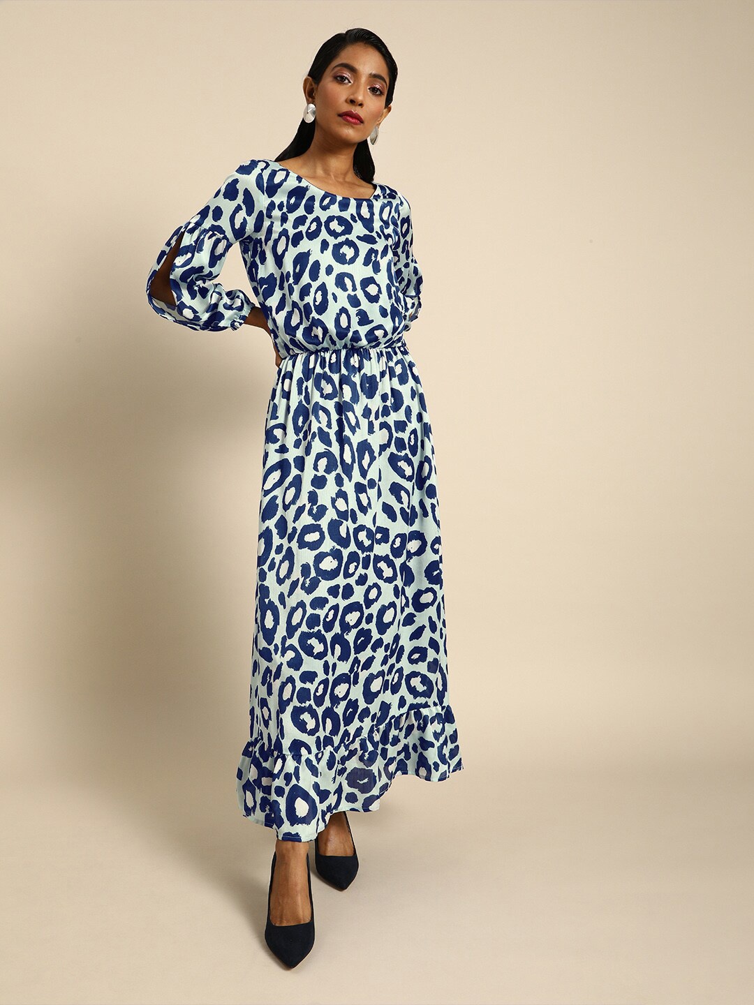 

DODO & MOA Floral Print Bell Sleeve Round Neck Satin Maxi Dress, Blue