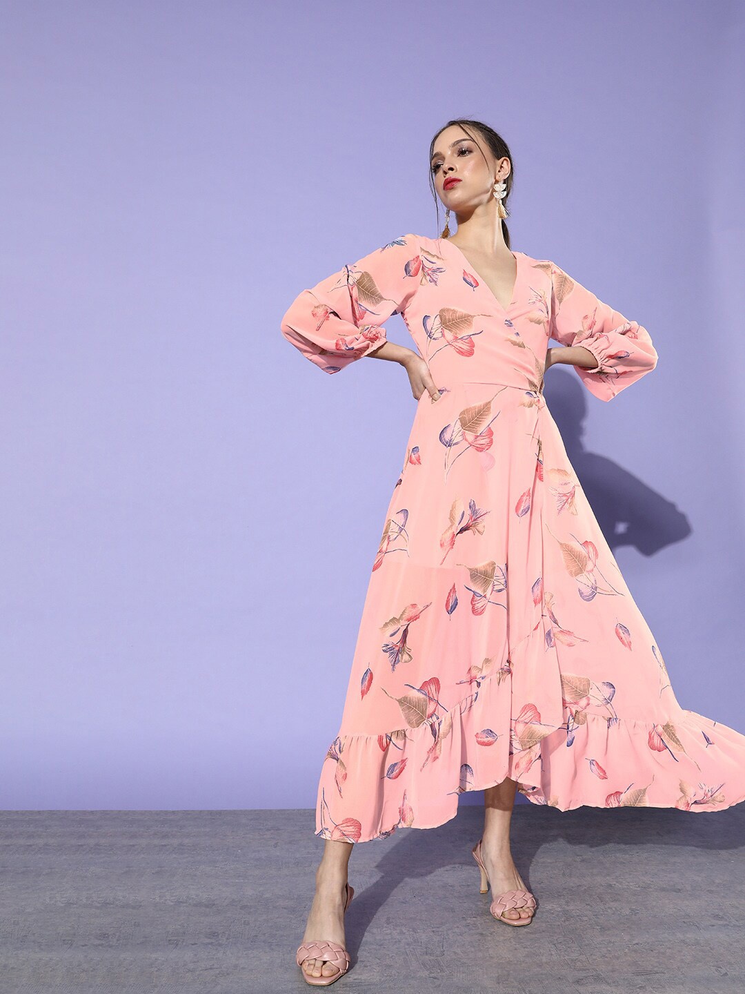 

DODO & MOA Floral Printed Puff Sleeve Ruffled Georgette Midi Dress, Pink