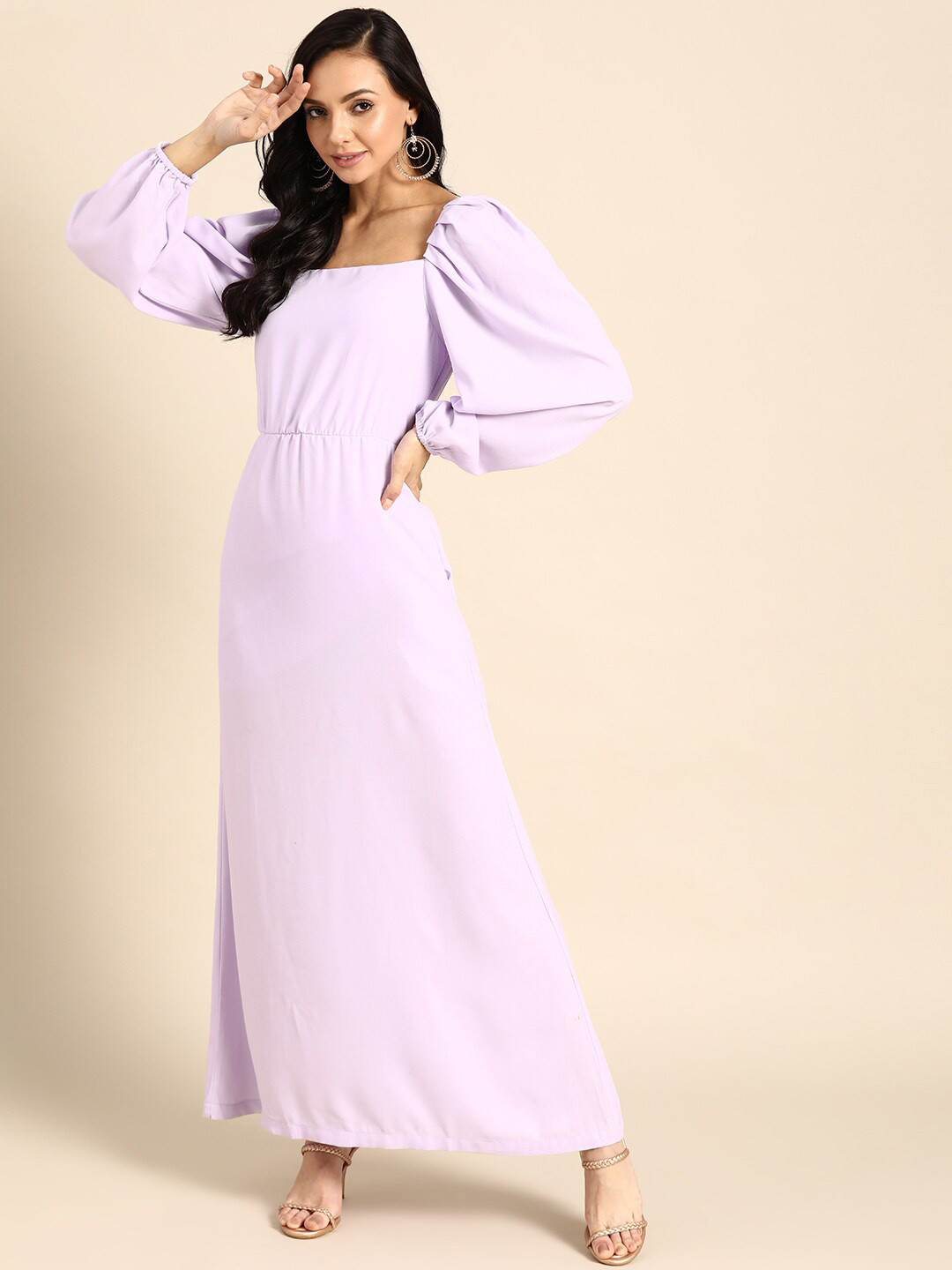 

DODO & MOA Square Neck Puff Sleeve Crepe Maxi Dress, Purple