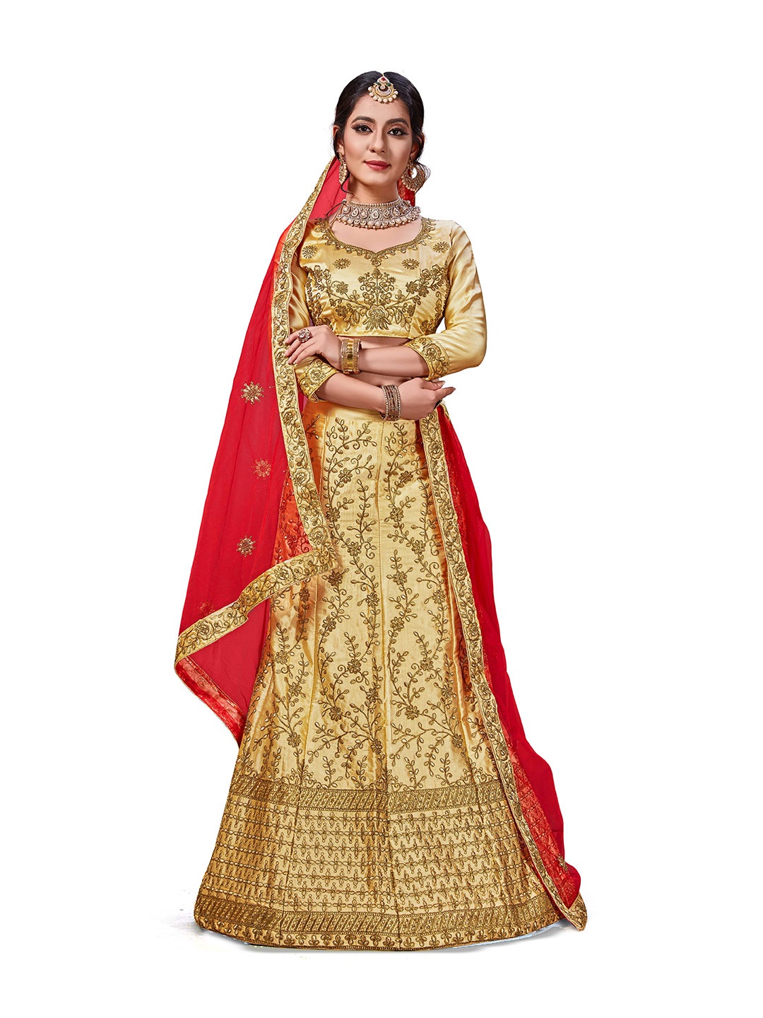 

MANVAA Embroidered Thread Work Semi-Stitched Lehenga & Unstitched Blouse With Dupatta, Beige