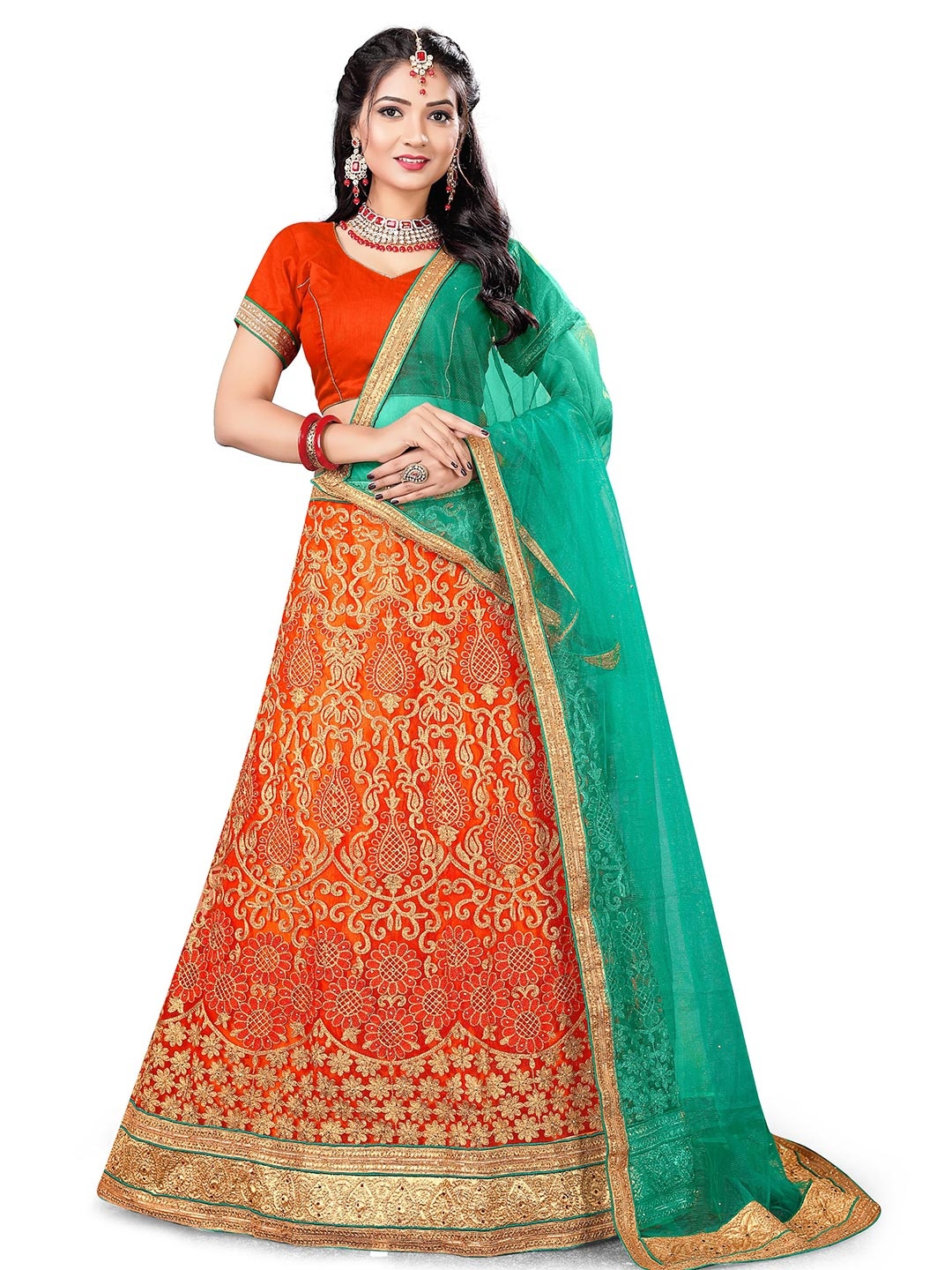 

MANVAA Beads & Stones Semi-Stitched Lehenga & Unstitched Blouse With Dupatta, Orange